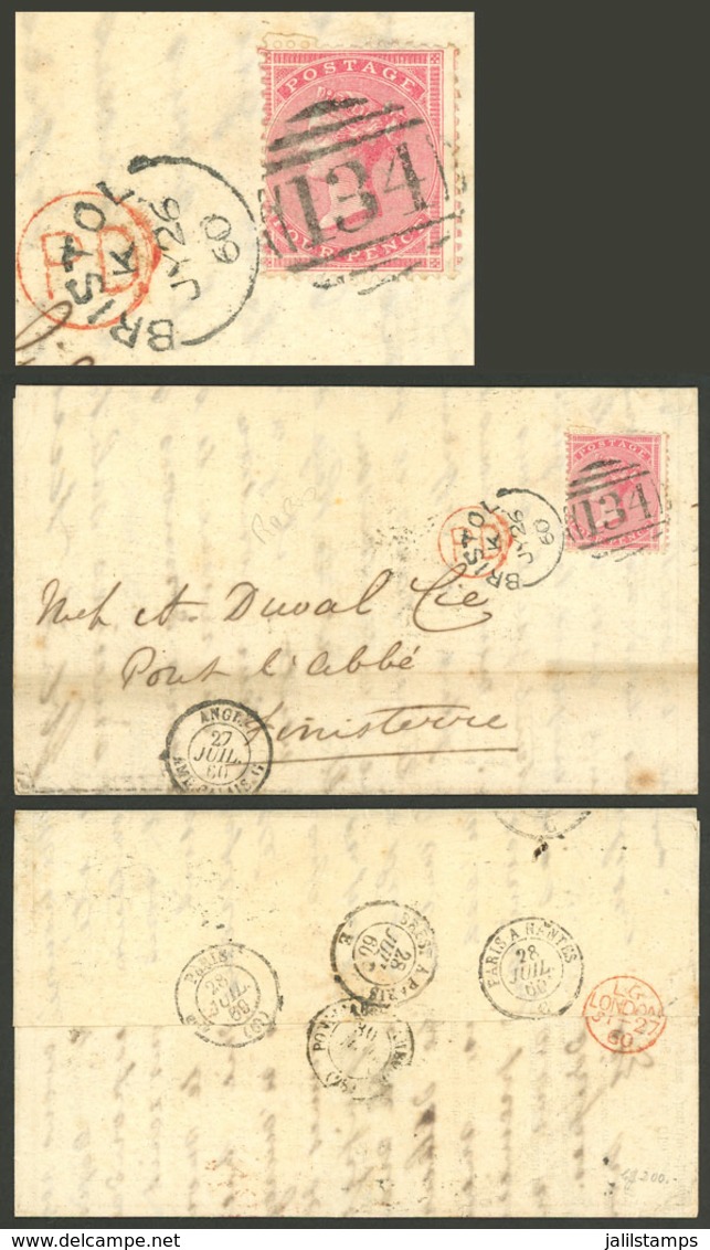 GREAT BRITAIN: 26/JUL/1860 Bristol - Finisterre: Entire Letter Franked With 4p. Rose, With A Number Of Postal Marks On F - ...-1840 Préphilatélie