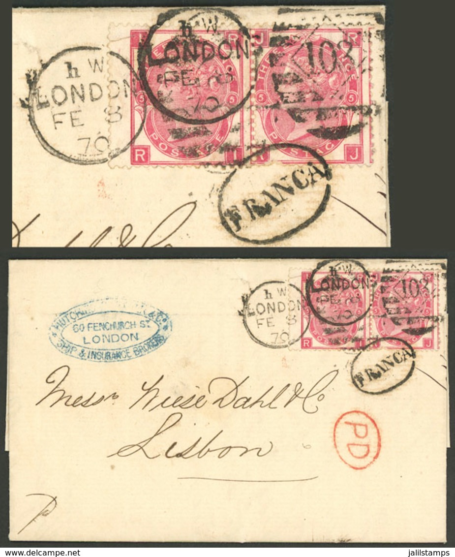 GREAT BRITAIN: 8/FE/1870 London - Lisboa (Portugal): Entire Letter Franked With Pair 3p. Rose Plate 5 (Sc.49), Arrival B - ...-1840 Préphilatélie