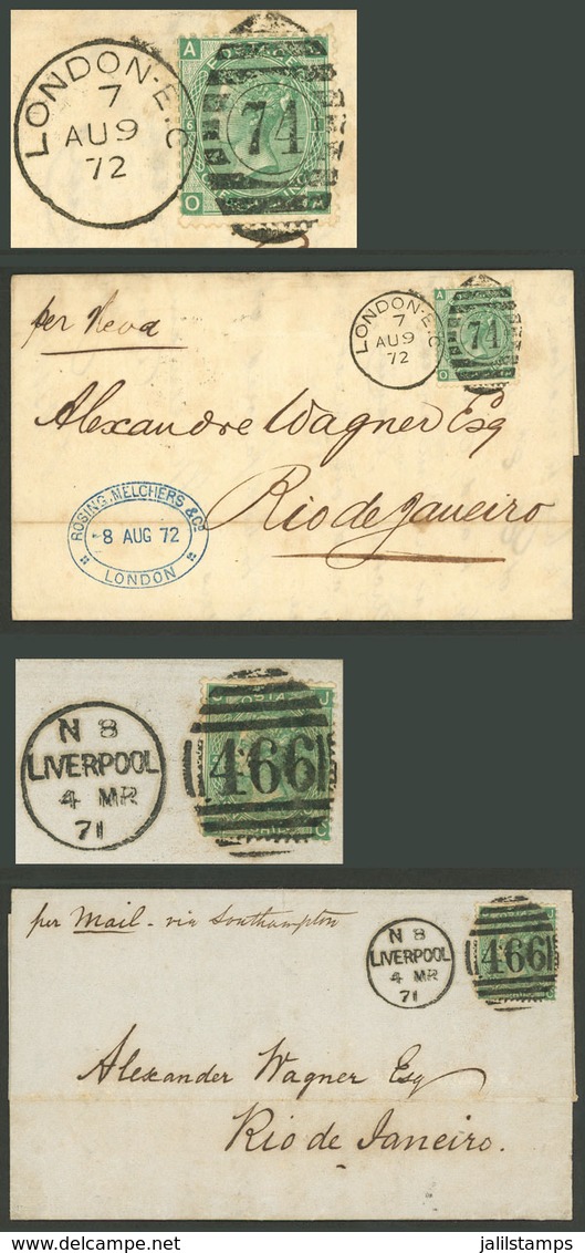 GREAT BRITAIN: 2 Entire Letter Sent From Liverpool And London To Rio De Janeiro In 1871 And 1872, Both Franked With 1S., - ...-1840 Préphilatélie