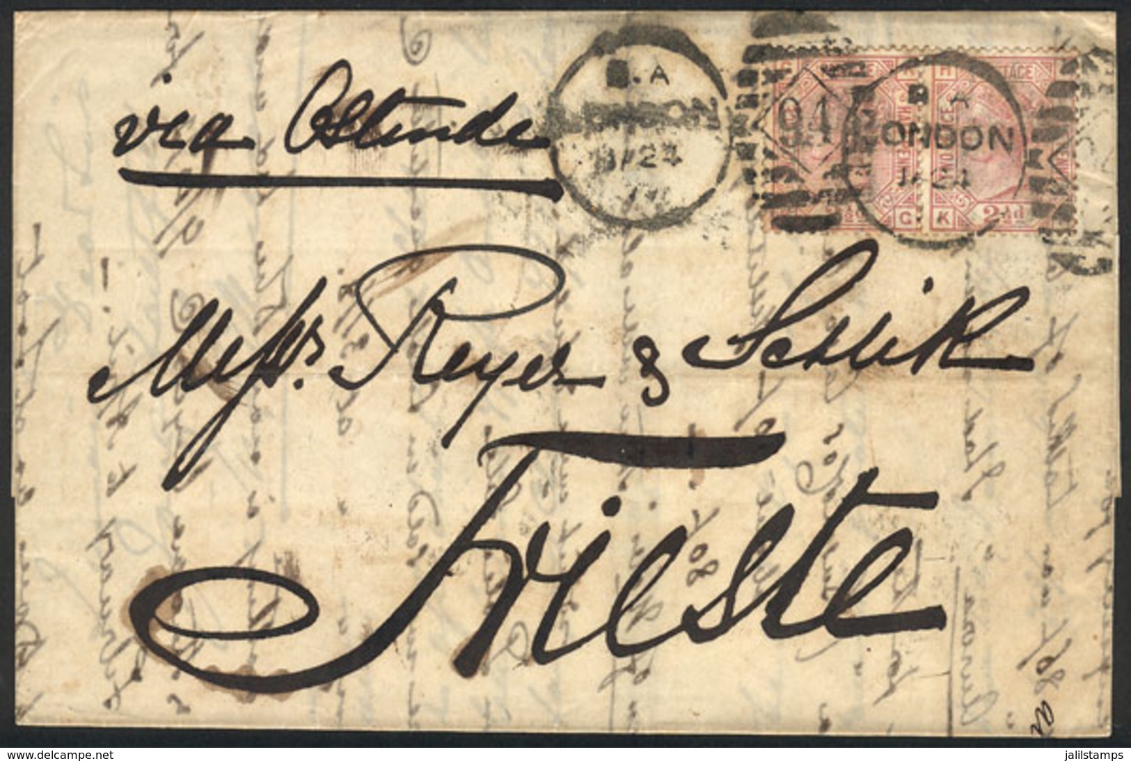 GREAT BRITAIN: Folded Cover Sent From London To Trieste On 24/JA/1877, Franked With Pair Sc.67 (plate 6), On Back Transi - ...-1840 Préphilatélie