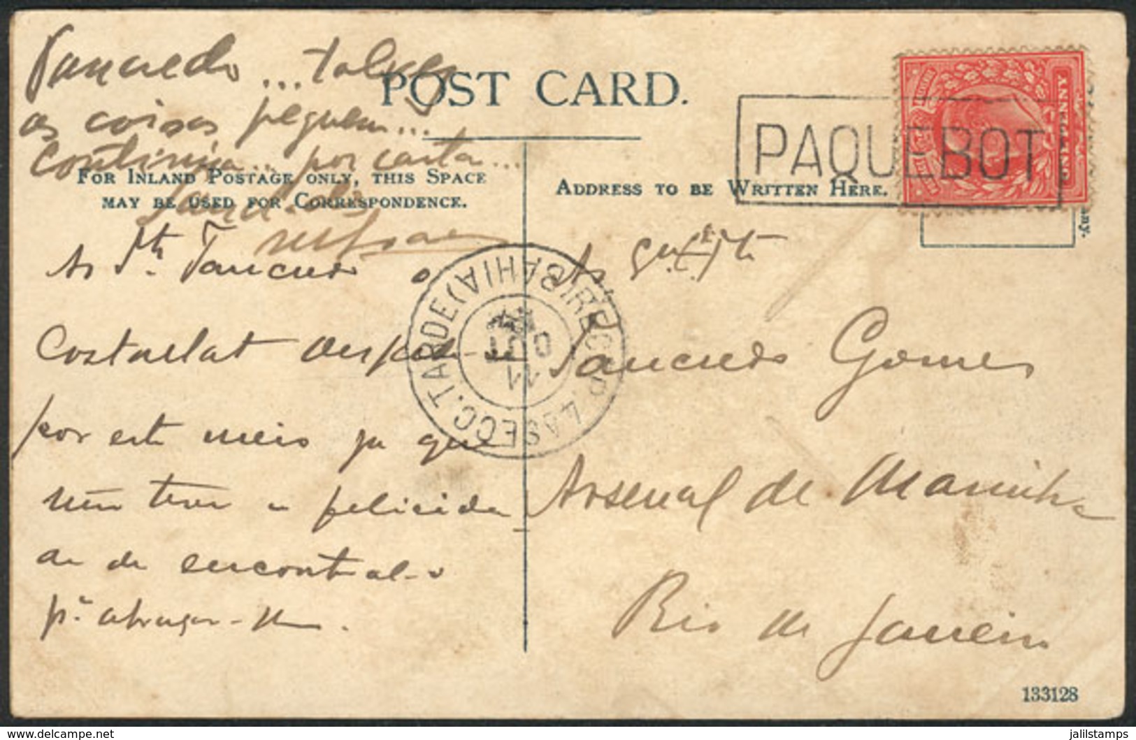 GREAT BRITAIN: Postcard With English Stamp Of 1p. And Rectangular PAQUEBOT Cancel, Sent To Rio De Janeiro, Datestamp Of  - ...-1840 Préphilatélie