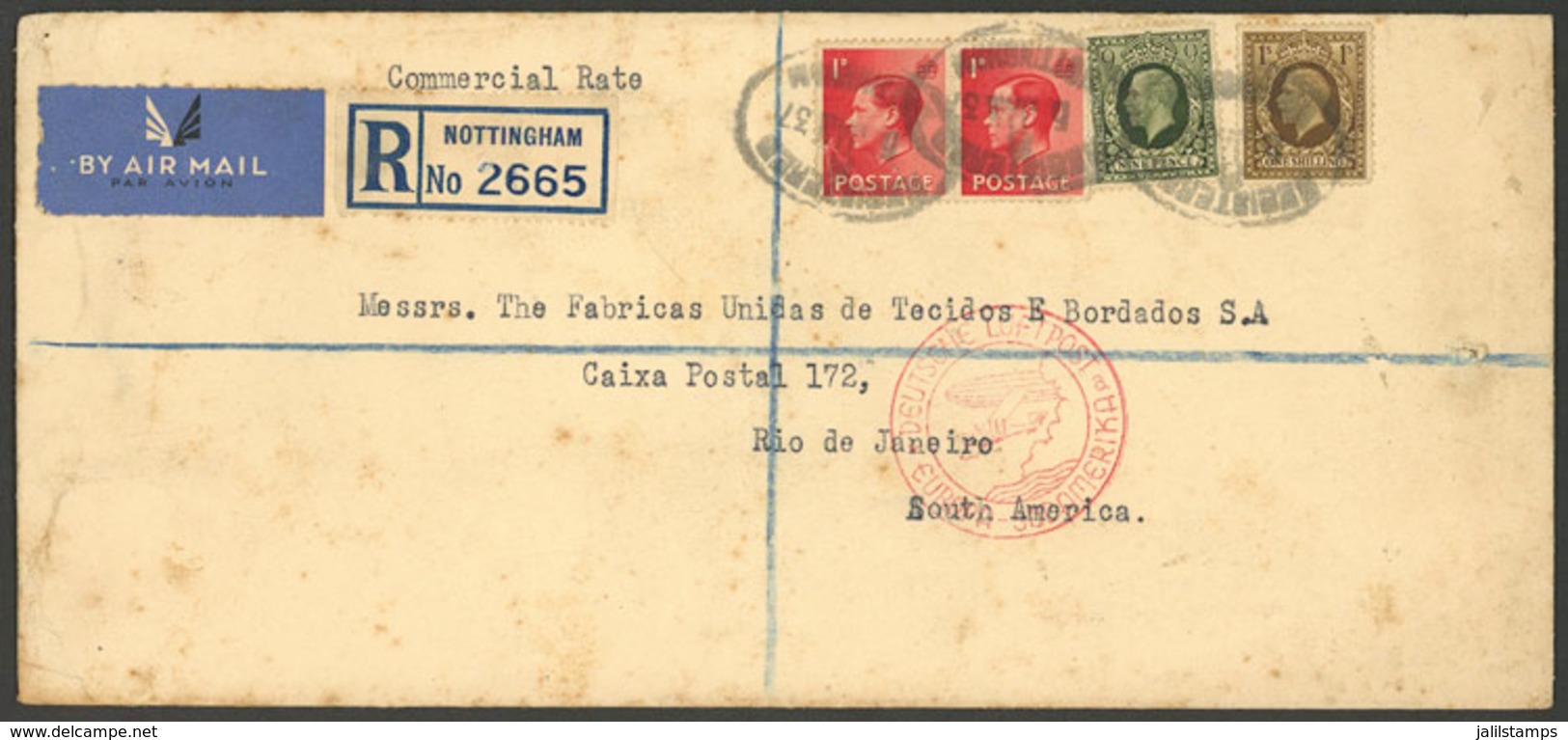 GREAT BRITAIN: 6/JA/1937 Nottingham - Rio De Janeiro, Registered Airmail Cover Sent With "commercial Rate" Via Germany ( - ...-1840 Préphilatélie