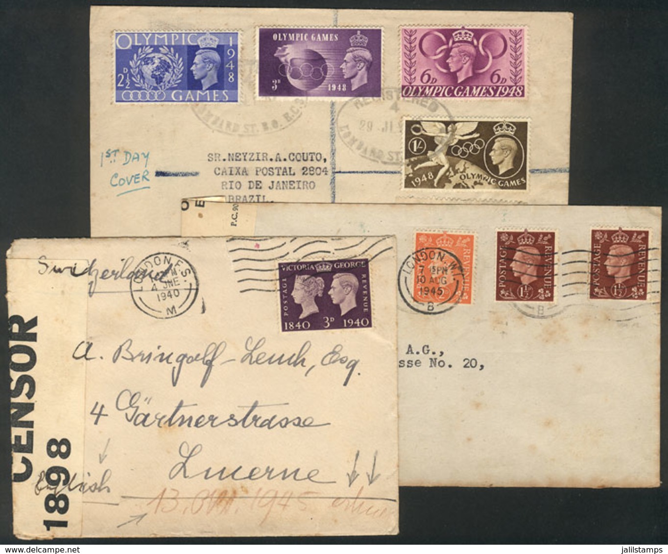 GREAT BRITAIN: 2 Covers Sent To Switzerland + 1 To Brazil Between 1940 And 1948, Interesting Group! - ...-1840 Precursori