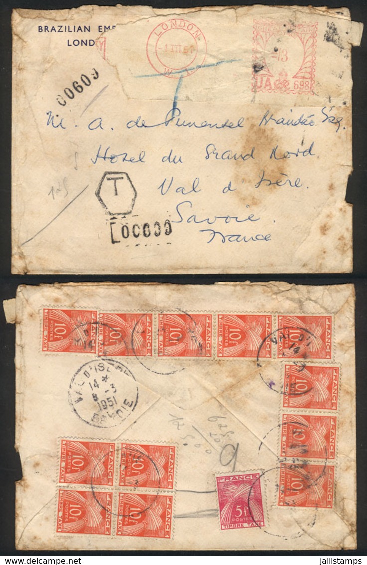 GREAT BRITAIN: Cover Sent From London To France On 1/MAR/1951 With Meter Postage, With French Postage Due Stamps On Back - ...-1840 Préphilatélie