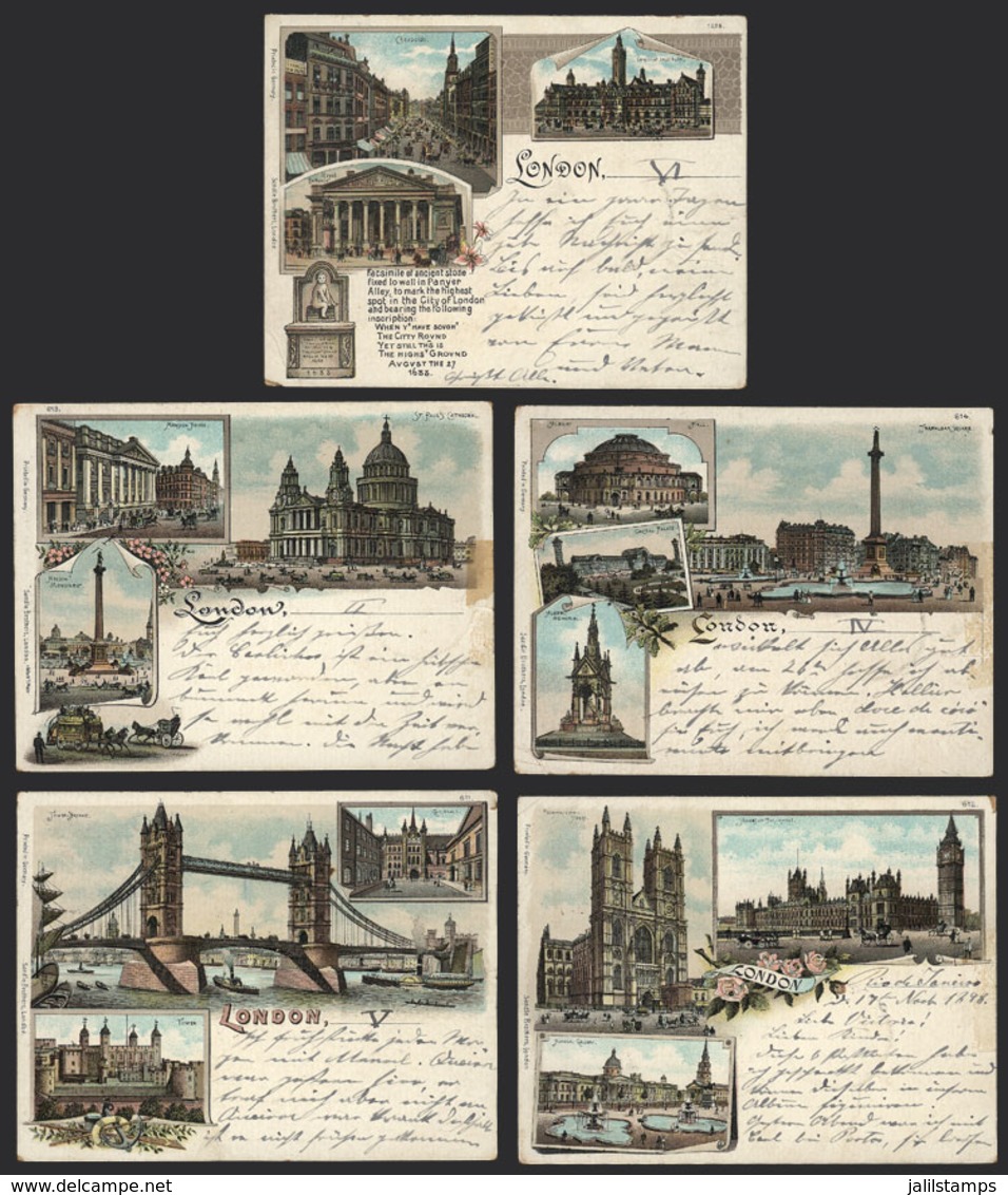 GREAT BRITAIN: LONDON: 5 Small-sized PCs, All With Nice Views, Ed.Sandle Brothers, Sent From Brazil To Germany On 17/NO/ - Autres & Non Classés