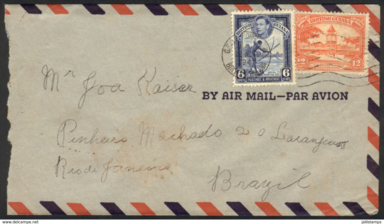 BRITISH GUIANA: Airmail Cover Sent From Georgetown To Rio De Janeiro On 12/AP/1947 Franked With 18c., Unusual Destinatio - Guyane Britannique (...-1966)