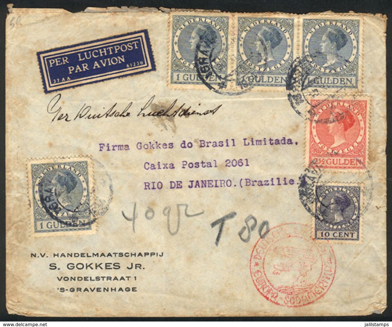 NETHERLANDS: Airmail Cover Sent From 's-Gravenhage To Brazil On 30/NO/1934 With Good Postage Of 6.60G., With Aging Spots - Marcophilie