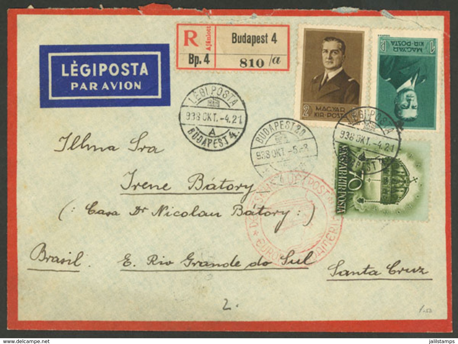 HUNGARY: 4/OC/1938 Budapest - Brazil: Airmail Cover, Sent Via Germany (DHL), Fine Quality! - Altri & Non Classificati