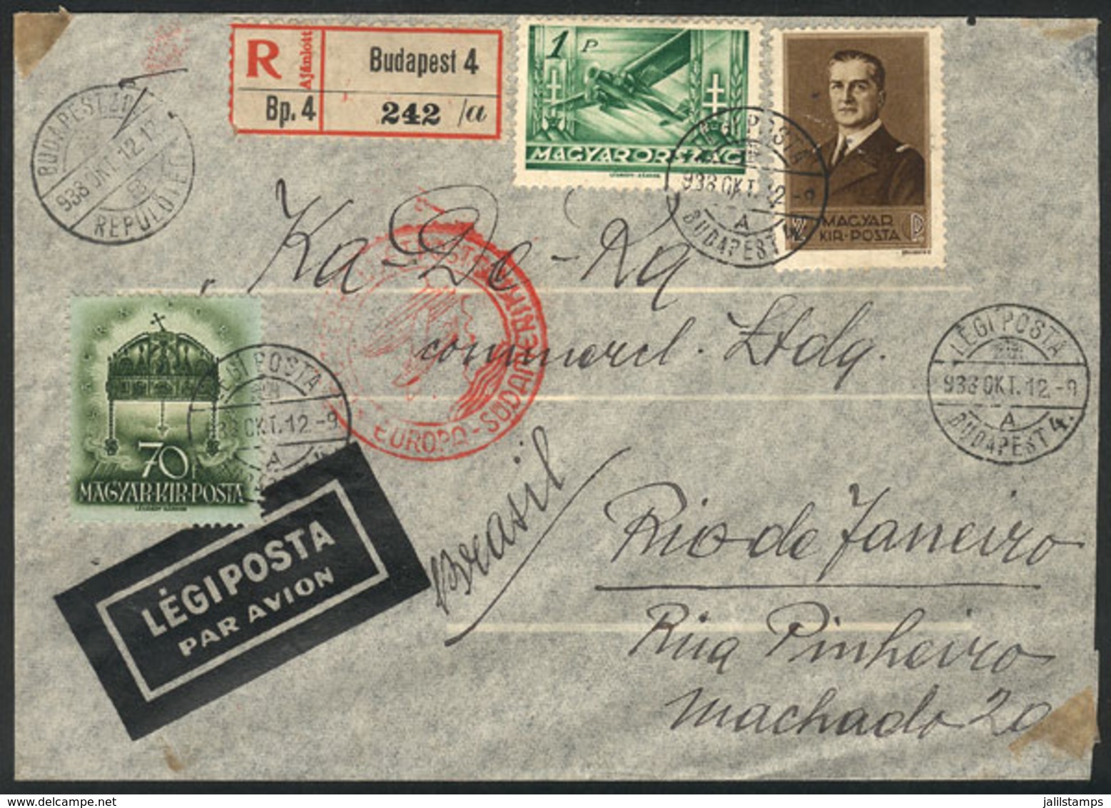 HUNGARY: Registered Airmail Cover Sent From Budapest To Rio De Janeiro On 12/OC/1938, VF Quality! - Autres & Non Classés