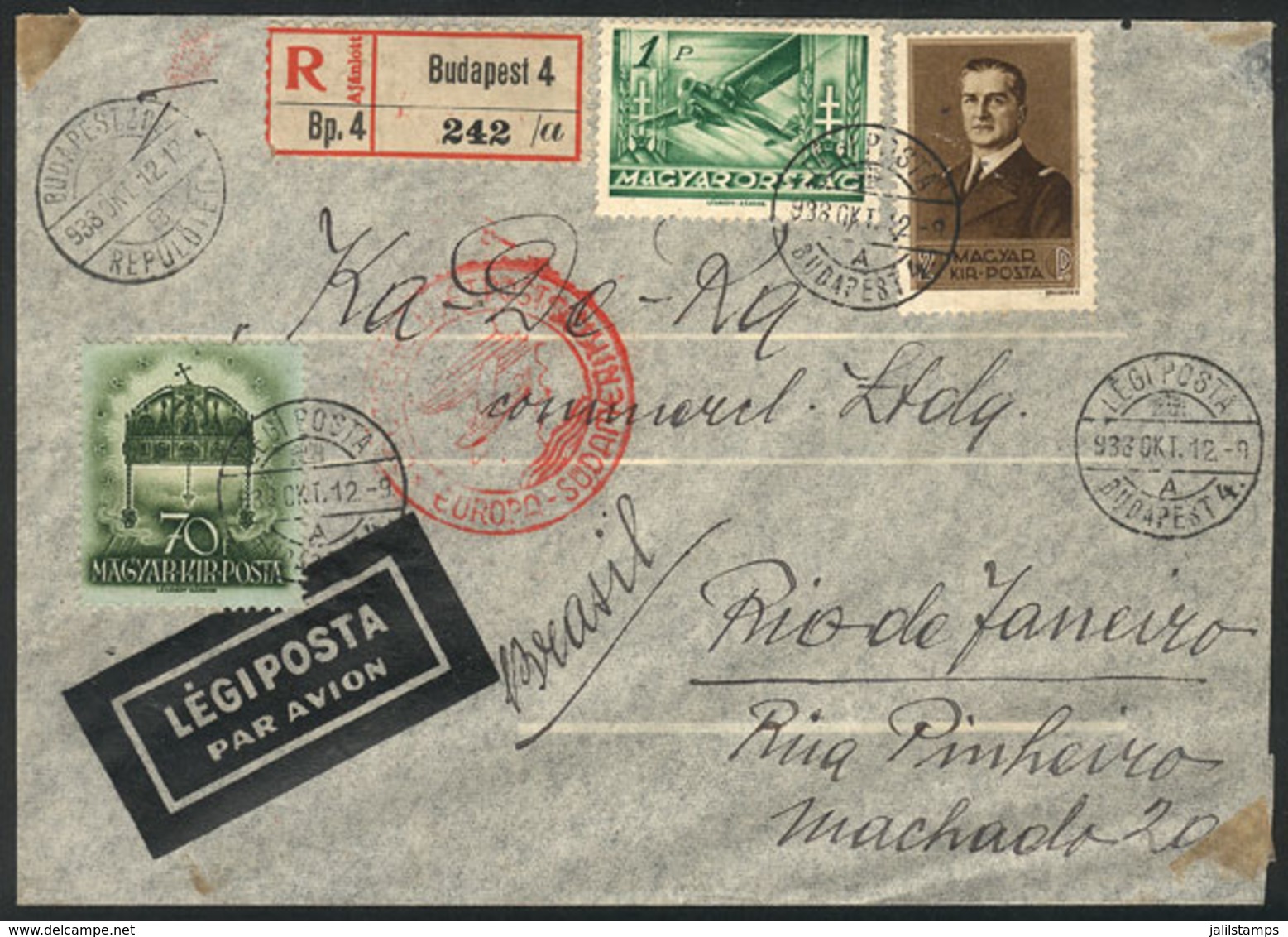 HUNGARY: Registered Airmail Cover Sent From Budapest To Rio De Janeiro On 12/OC/1938, VF Quality! - Altri & Non Classificati