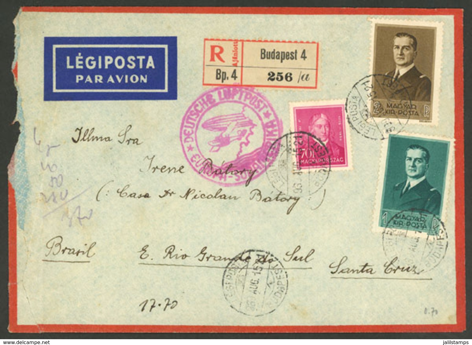 HUNGARY: 15/AU/1939 Budapest - Brazil: Registered Airmail Cover, Sent Via Germany (DLH) - Autres & Non Classés
