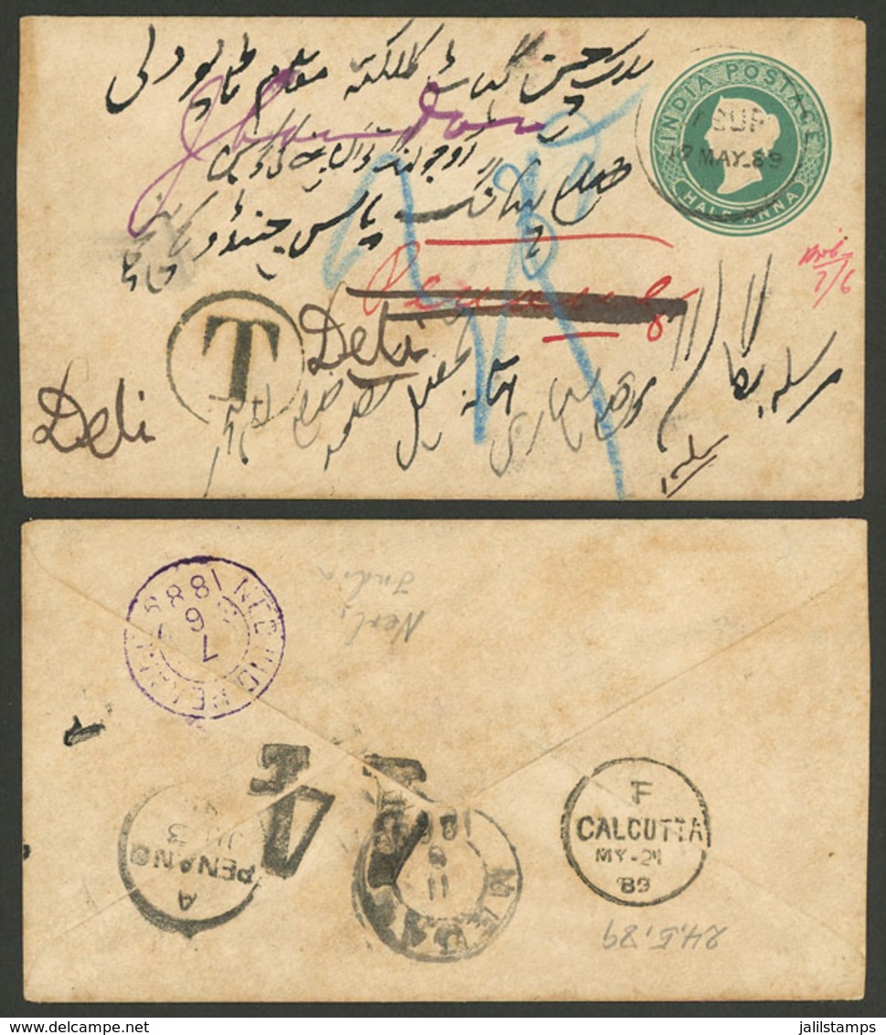 INDIA: Stationery Envelope Sent To Penang On 17/MAY/1889, With Postage Due Marks And Forwarded Several Times, With Inter - Autres & Non Classés