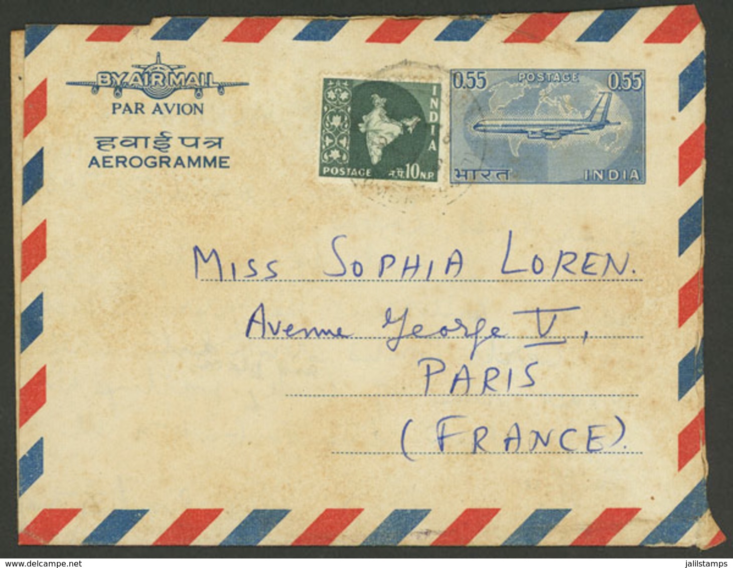 INDIA: Aerogram Sent To Actress Sofia Loren In Paris On 28/JUL/1966, The Sender Asks For The Date And Time Of Her Birth  - Altri & Non Classificati