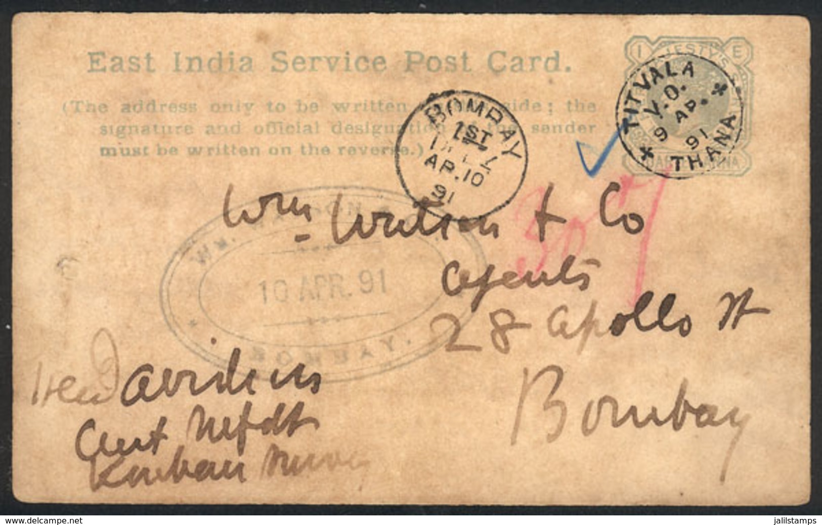 BRITISH INDIA: Official ¼a. Postal Card Sent From TITVALA To Bombay On 9/AP/1891, Interesting! - Autres & Non Classés