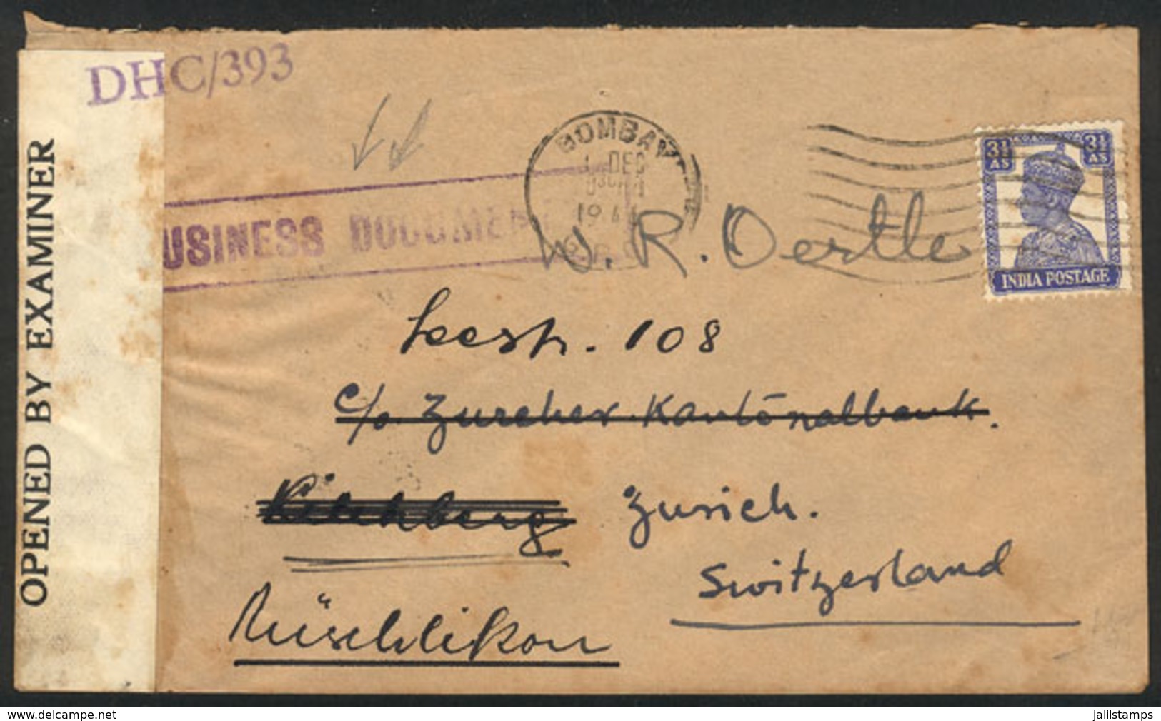 BRITISH INDIA: Cover Sent From Bombay To Switzerland On 1/DE/1944, Interesting Violet "BUSINESS DOCUMENTS" Mark And Brit - Altri & Non Classificati