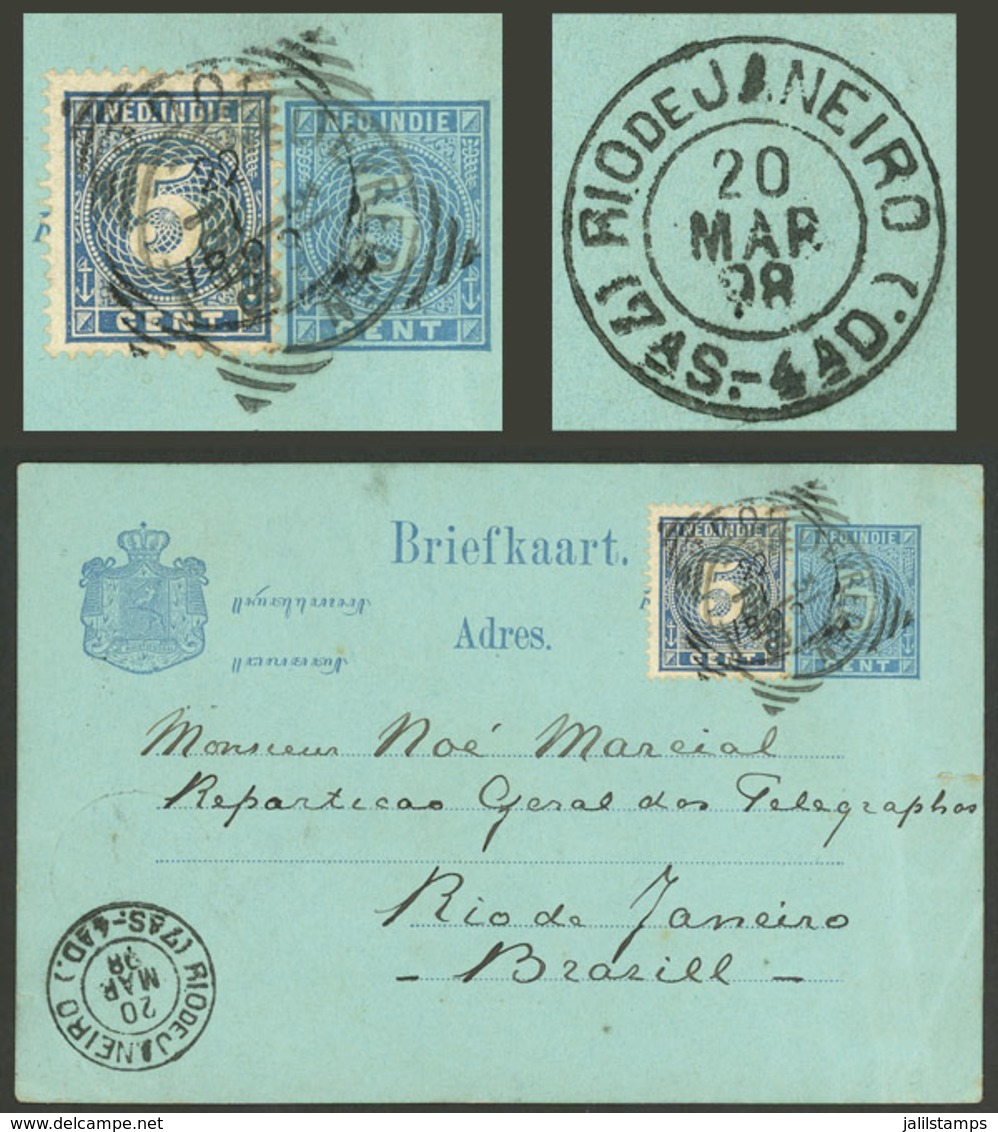 NETHERLANDS INDIES: Postal Card With Additional Postage Sent To Brazil On 22/JA/1898, Light Tear In The Right Border Els - Other & Unclassified