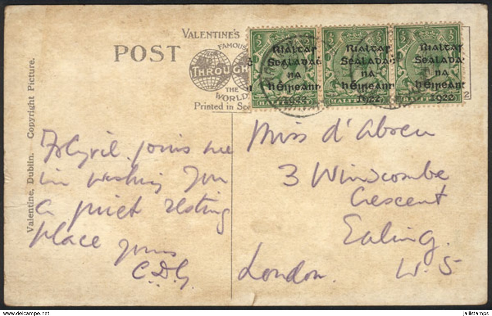 IRELAND: Postcard Sent To London In 1922 Franked With 1½p., Handsome! - Autres & Non Classés