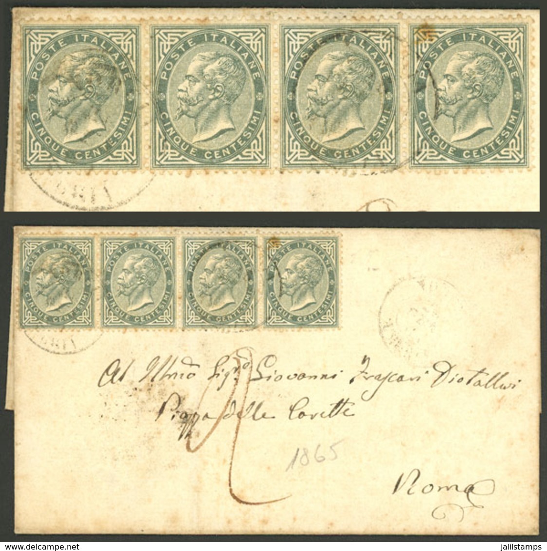 ITALY: Folded Cover Used In Roma In JA/1865, Franked With 20c. (Sc.26 Strip Of 4), Very Nice! - Altri & Non Classificati