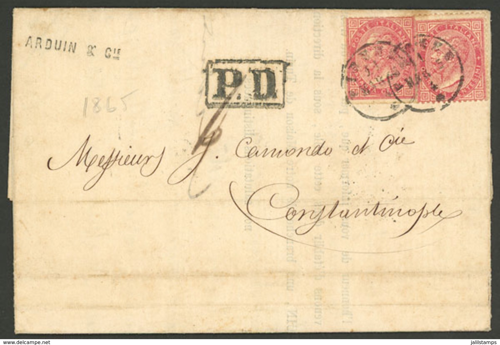 ITALY: 10/MAR/1865 Firenze - Constantinople (Turkey): Entire Letter Franked By Sc.31 X2, With Transit And Arrival Backst - Autres & Non Classés