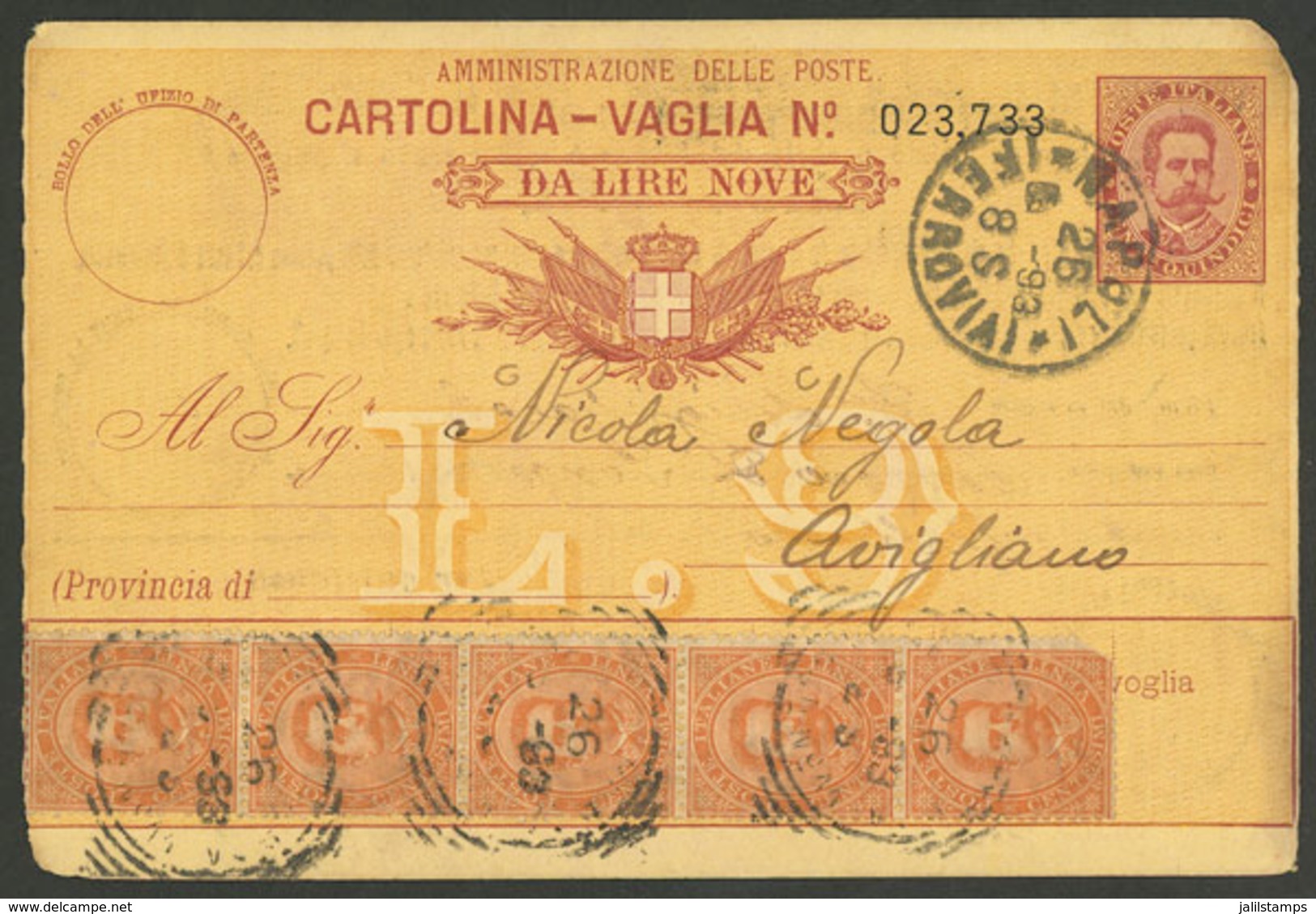 ITALY: "Cartolina - Vaglia Da Lira Nove" Sent From Napoli To Avigliano On 26/MAR/1893, Uprated With 1L., Minor Defects,  - Autres & Non Classés