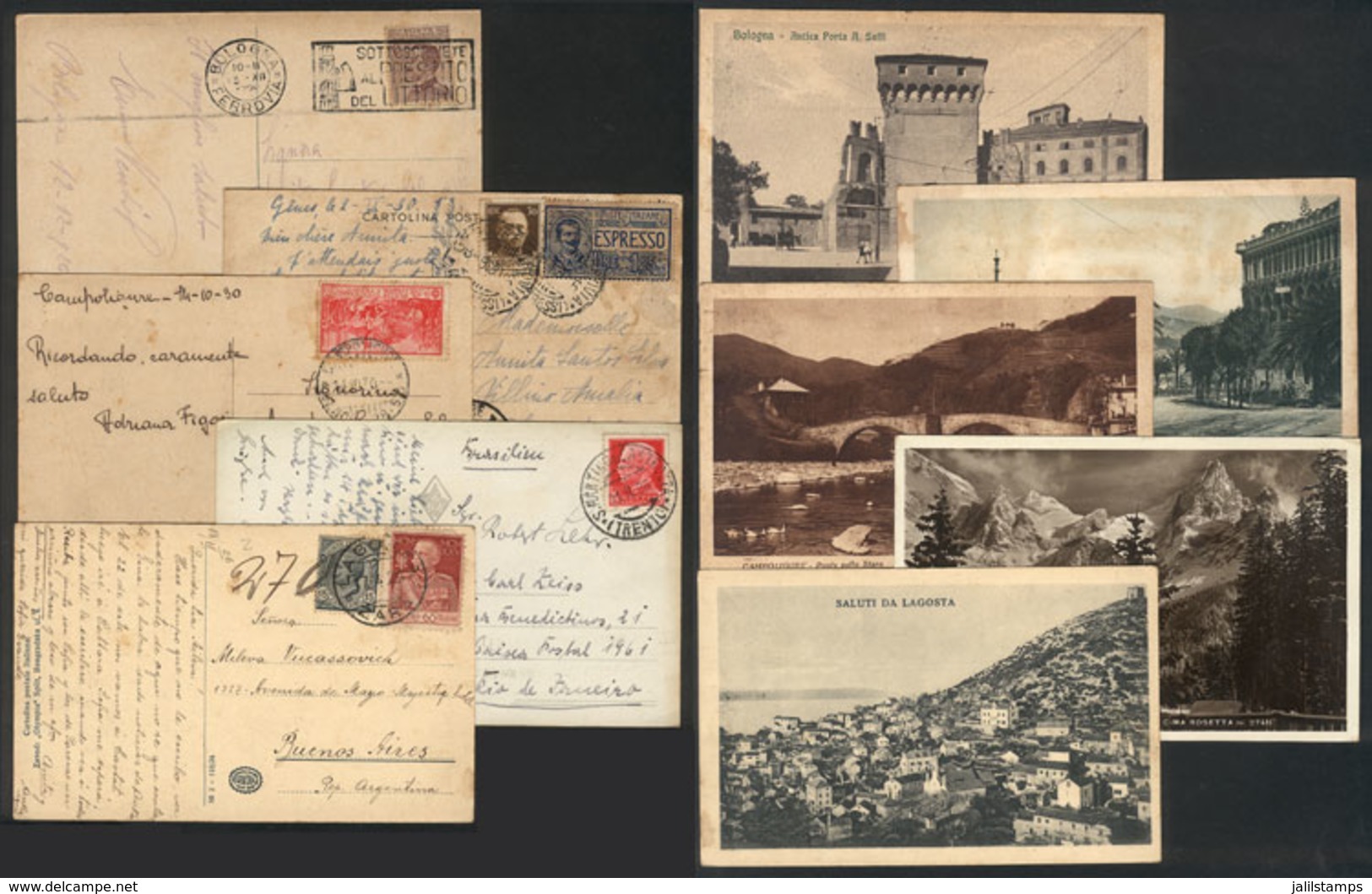 ITALY: 5 Postcards Used Between 1926 And 1936, Some With Interesting Postages Or Postmarks, And With Good Views Of Lagos - Autres & Non Classés