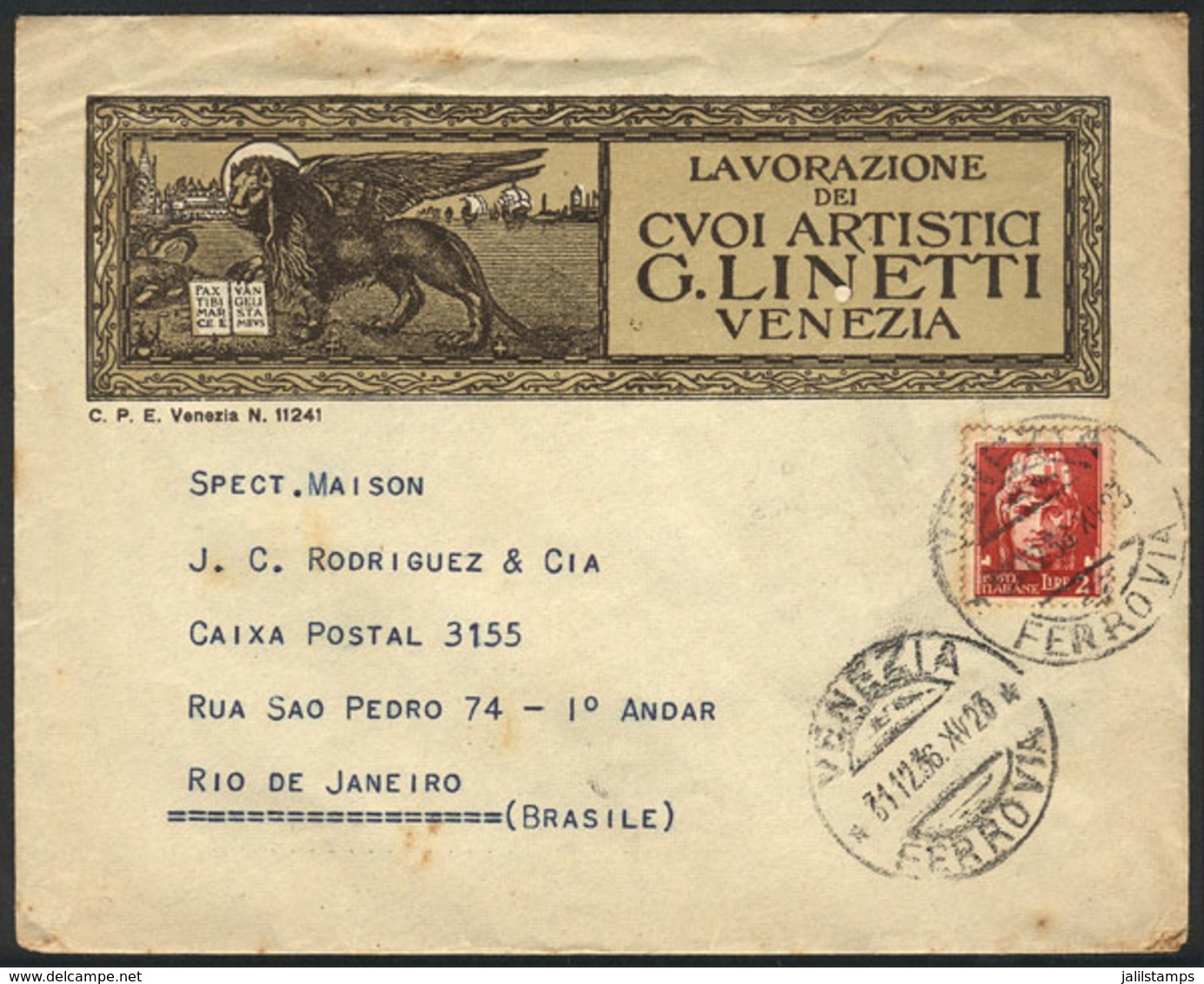 ITALY: Cover With Very Handsome Commercial Corner Card Sent From Venezia To Rio De Janeiro On 31/DE/1936 Franked With 2L - Other & Unclassified