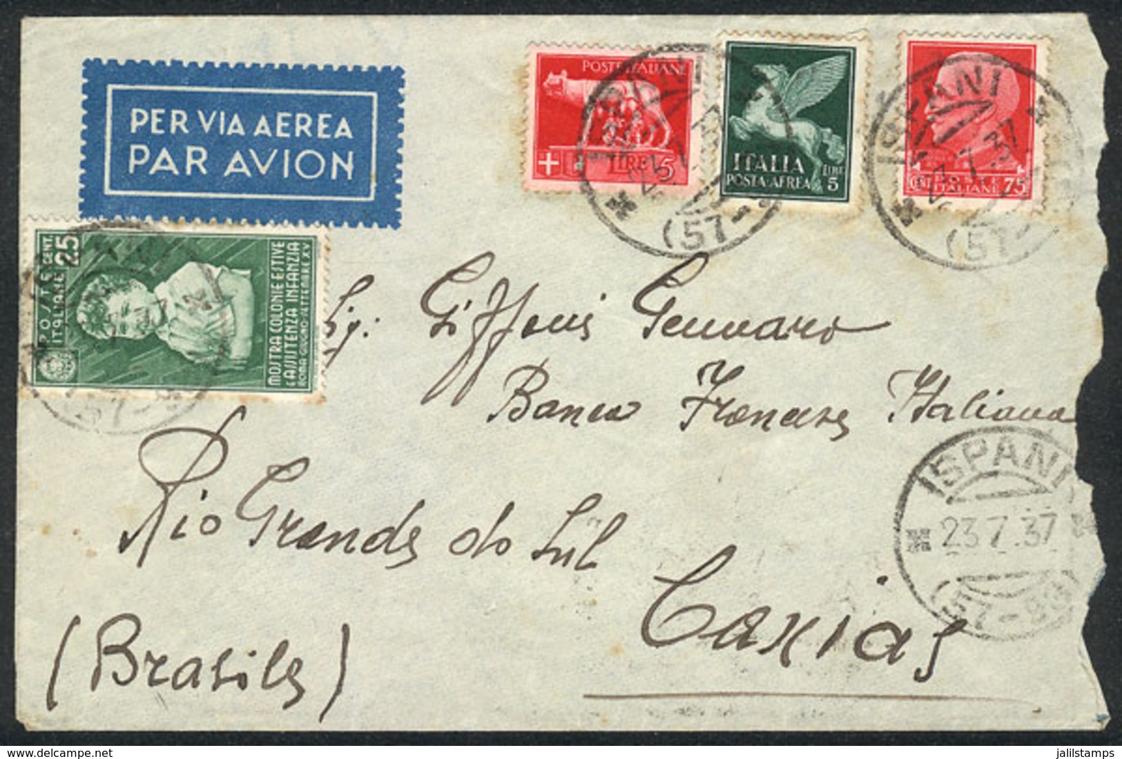 ITALY: Airmail Cover Franked With 11L. Combining Twin Values Of 5L., Sent From Ispani To Brazil On 23/JUL/1937, With Min - Altri & Non Classificati