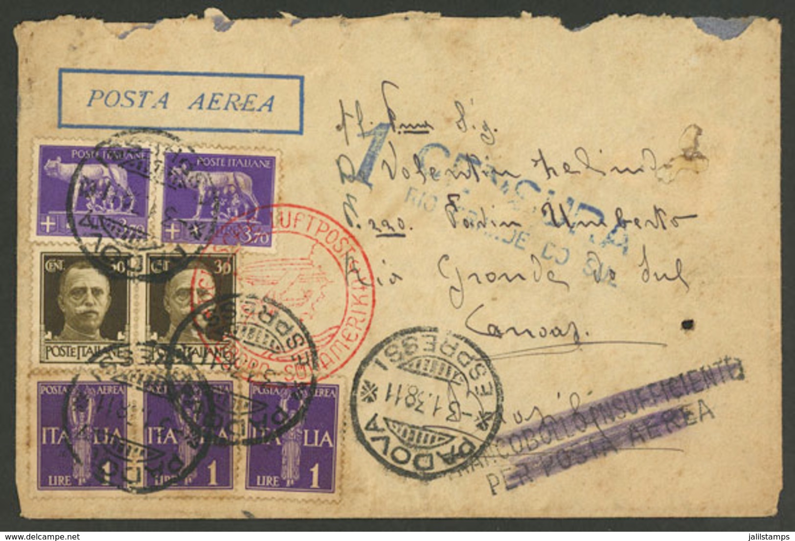 ITALY: 3/JA/1938 Padova - Brazil: Airmail Cover Sent Via Germany (DLH) With Attractive Postage, Defects, Brazilian Censo - Autres & Non Classés