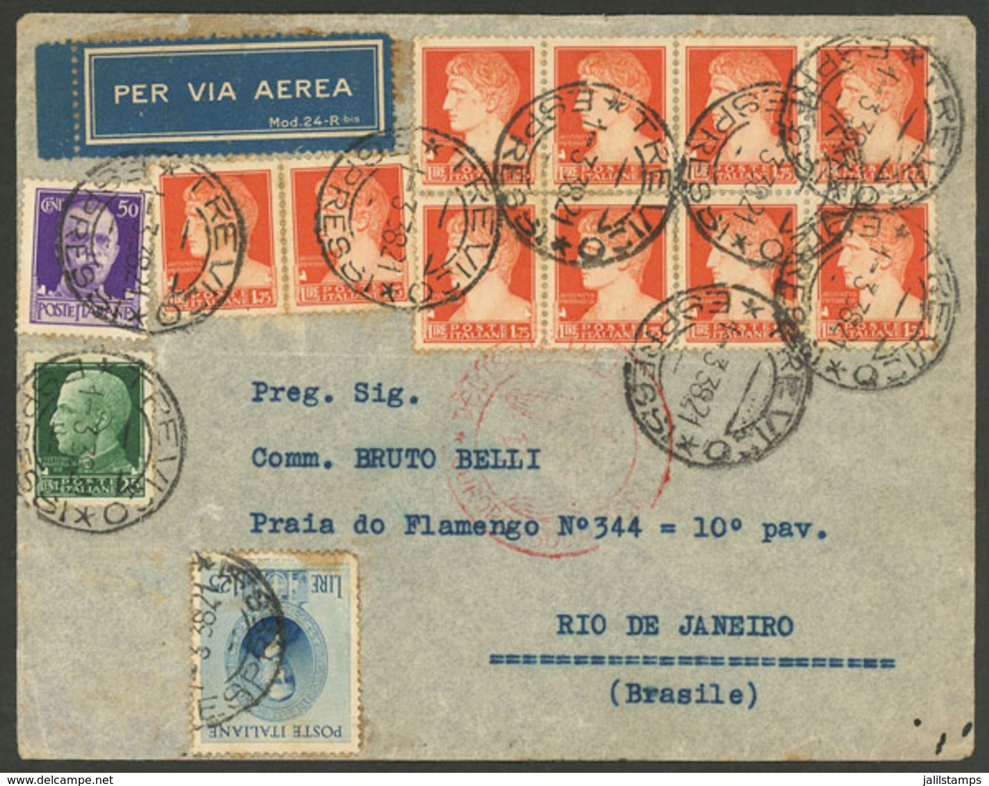 ITALY: 1/MAR/1938 Treviso - Rio De Janeiro: Airmail Cover Sent Via Germany (DLH) With Attractive Franking, Some Small De - Autres & Non Classés