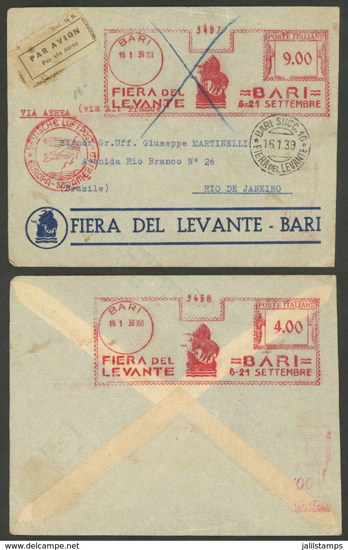 ITALY: 16/JA/1939 Bari - Rio De Janeiro: Registered Airmail Cover, Sent Via Germany (DLH) With Very Attractive Meter Pos - Altri & Non Classificati