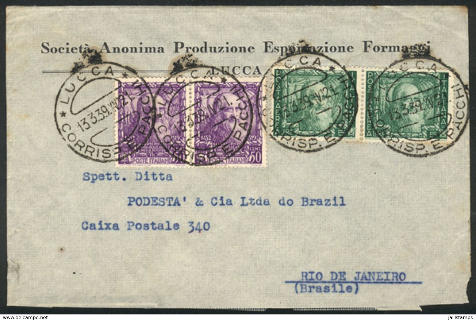 ITALY: Airmail Cover Franked With 11L. Including A Pair Of Sc.C105 (airmail 5L. Leonardo Da Vinci), Sent From Lucca To R - Autres & Non Classés