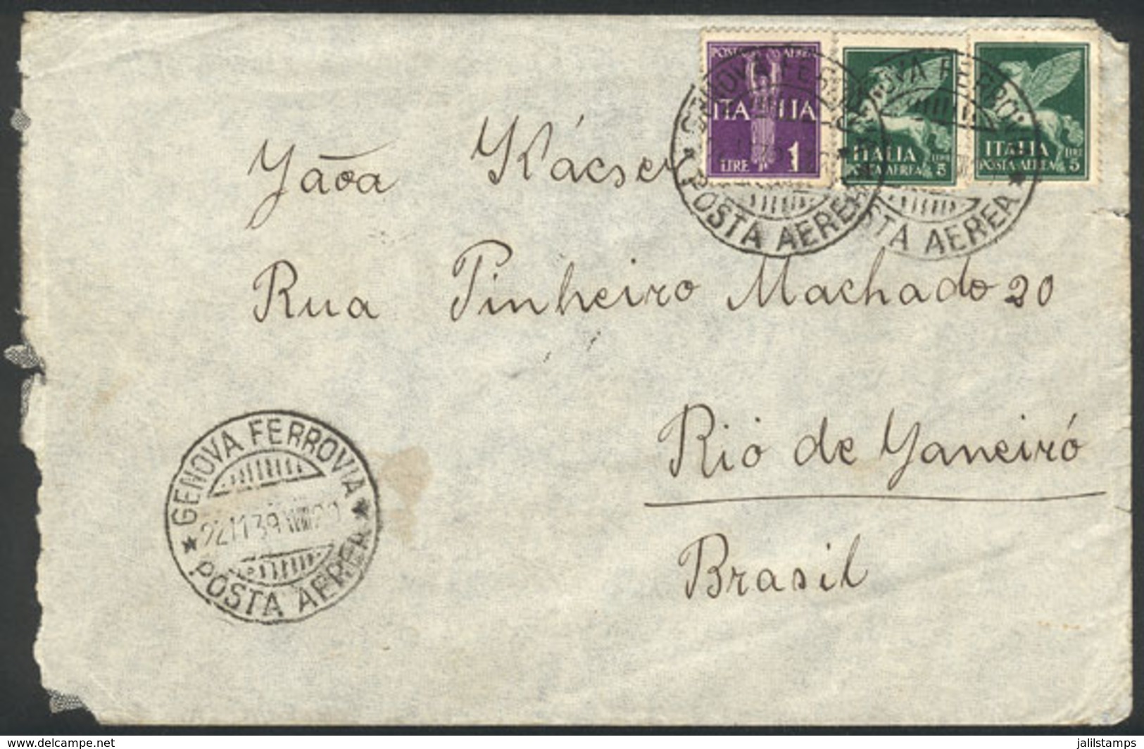 ITALY: Airmail Cover Sent From Genova To Rio De Janeiro On 22/NO/1939 Franked With 11L., Very Nice! - Altri & Non Classificati