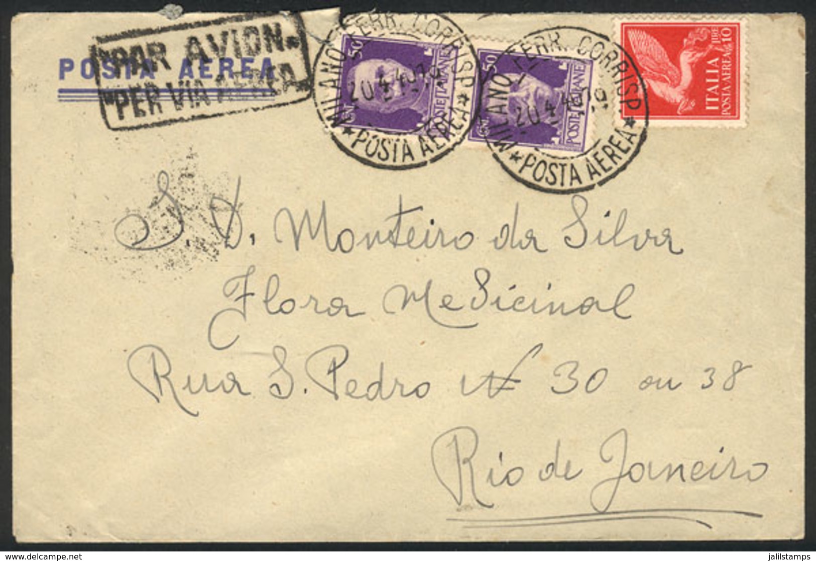 ITALY: Airmail Cover Sent From Milano To Rio De Janeiro On 20/AP/1940 Franked With 11L., VF Quality! - Altri & Non Classificati