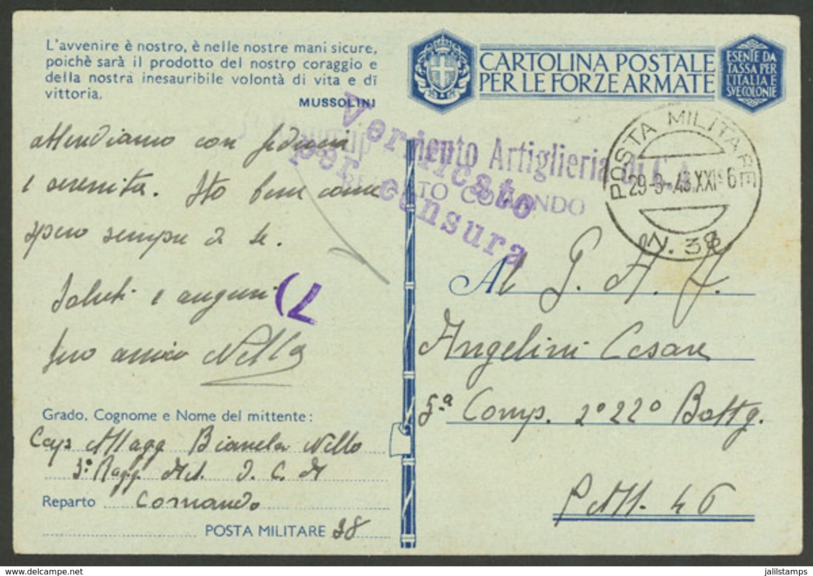 ITALY: Card For Soldiers At The War Front, Mailed On 29/MAR/1943 With Attractive Postal And Censor Markings! - Andere & Zonder Classificatie