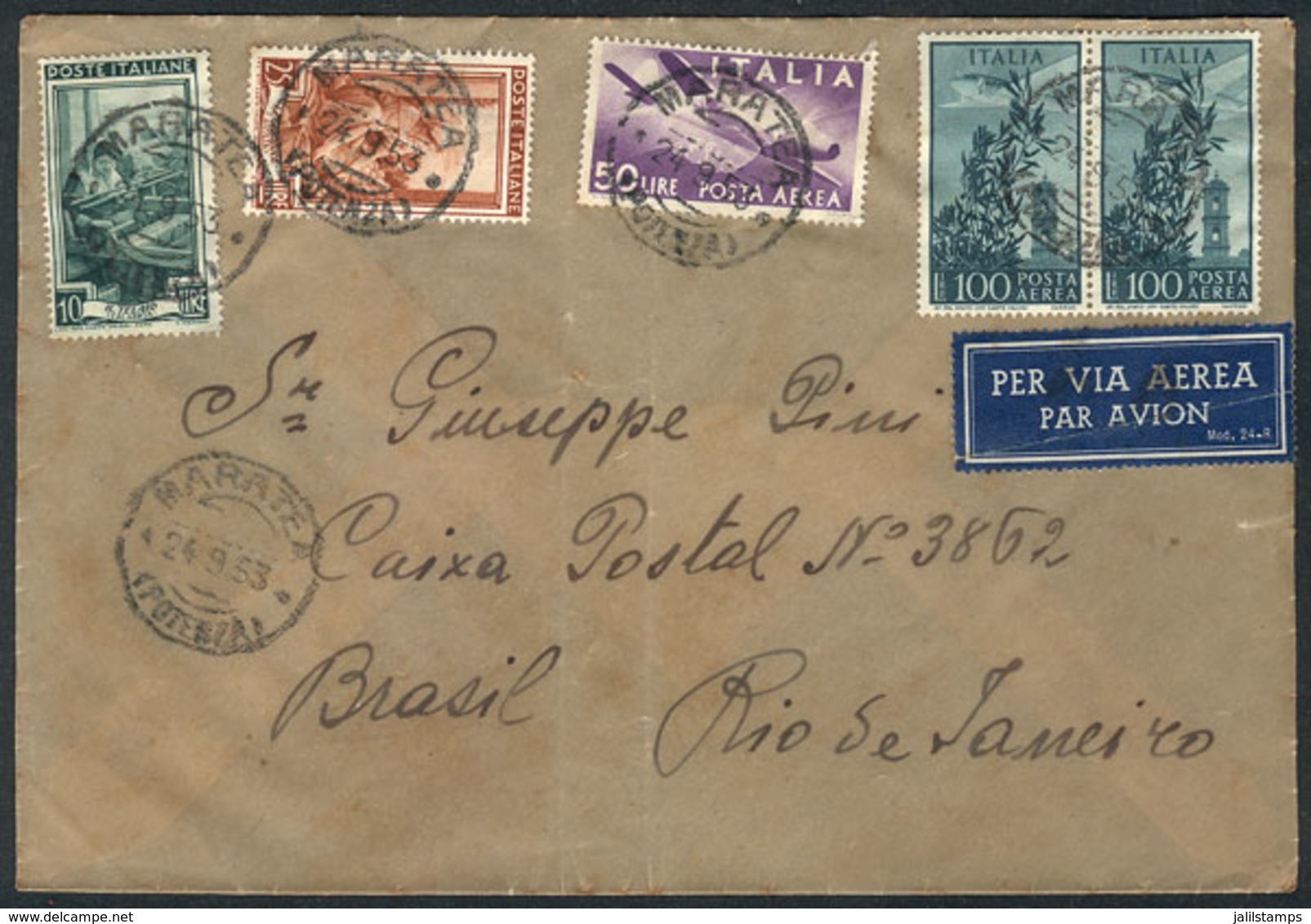 ITALY: Airmail Cover Sent From Maratea To Rio De Janeiro On 24/SE/1953 With Good Postage Of 285L., Very Attractive! - Autres & Non Classés