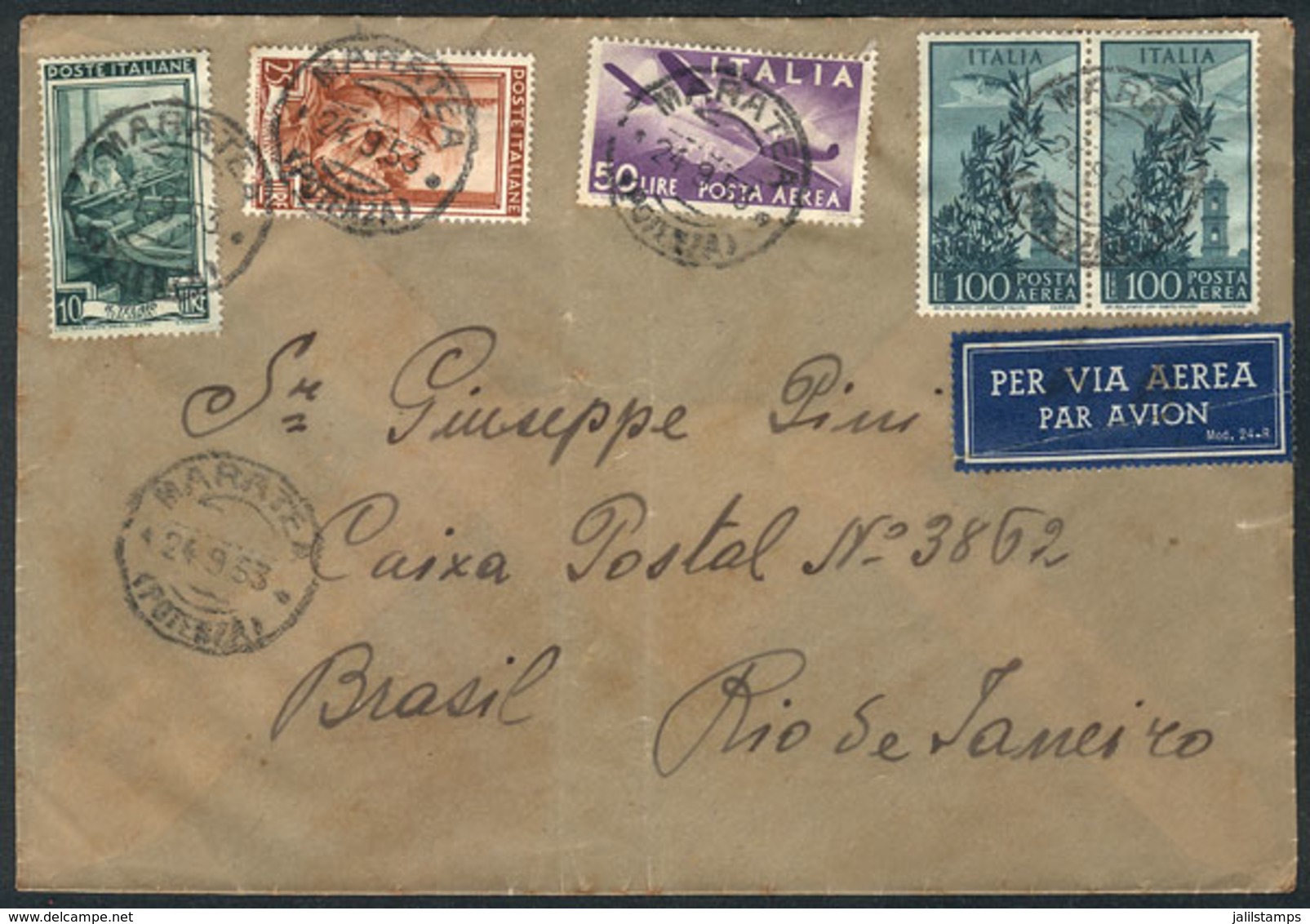 ITALY: Airmail Cover Sent From Maratea To Rio De Janeiro On 24/SE/1953 With Good Postage Of 285L., Very Attractive! - Altri & Non Classificati