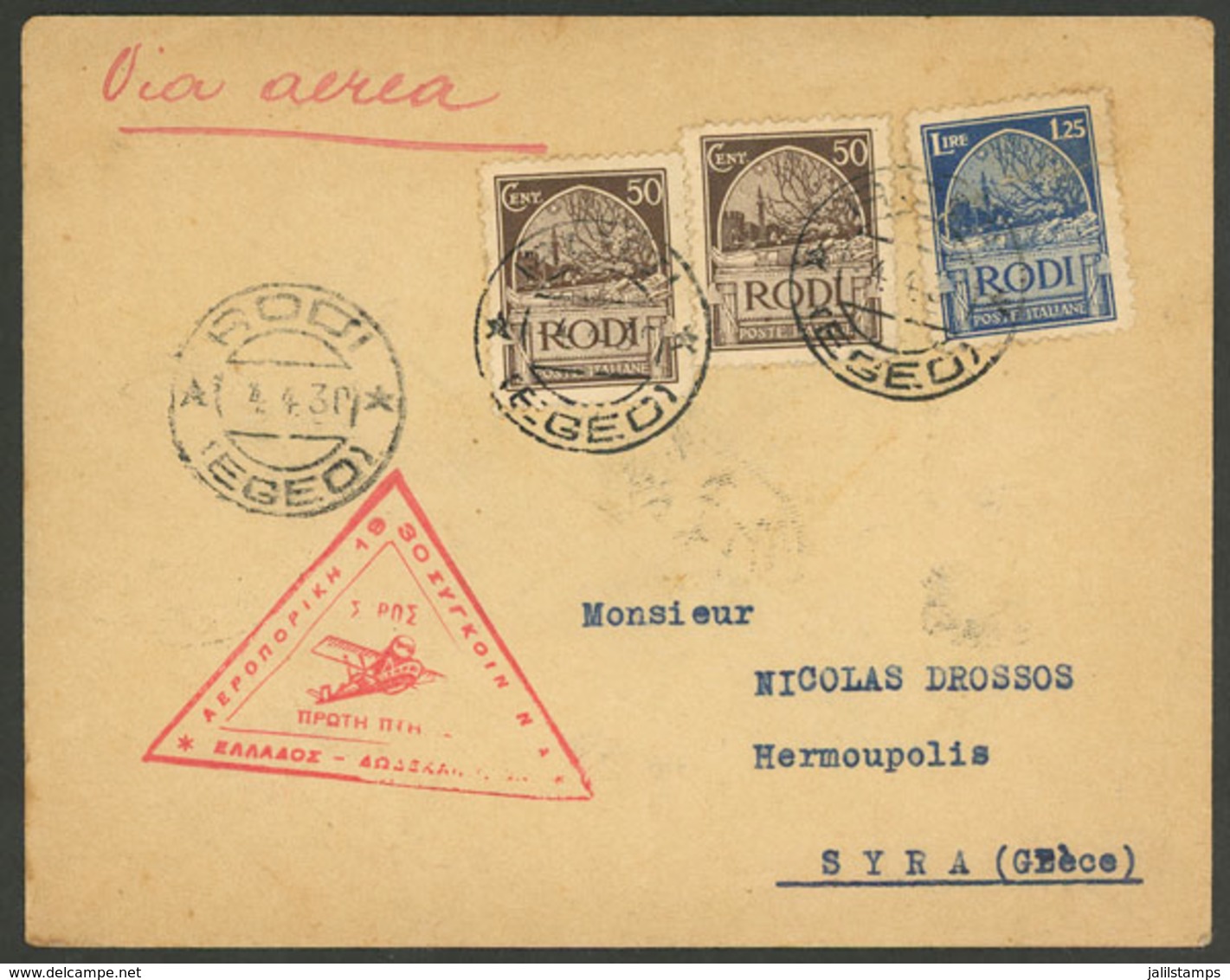 ITALY - RODI: 4/AP/1930 Rodi - Syra: First Flight, With Some Minor Defects, Good Appearance, Interesting! - Egée (Rodi)