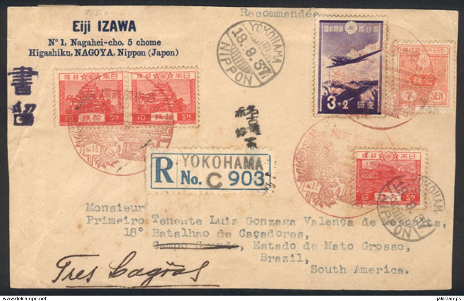 JAPAN: Front Of Registered Cover Sent From Yokohama To Brazil On 18/SE/1937, Very Attractive! - Lettres & Documents
