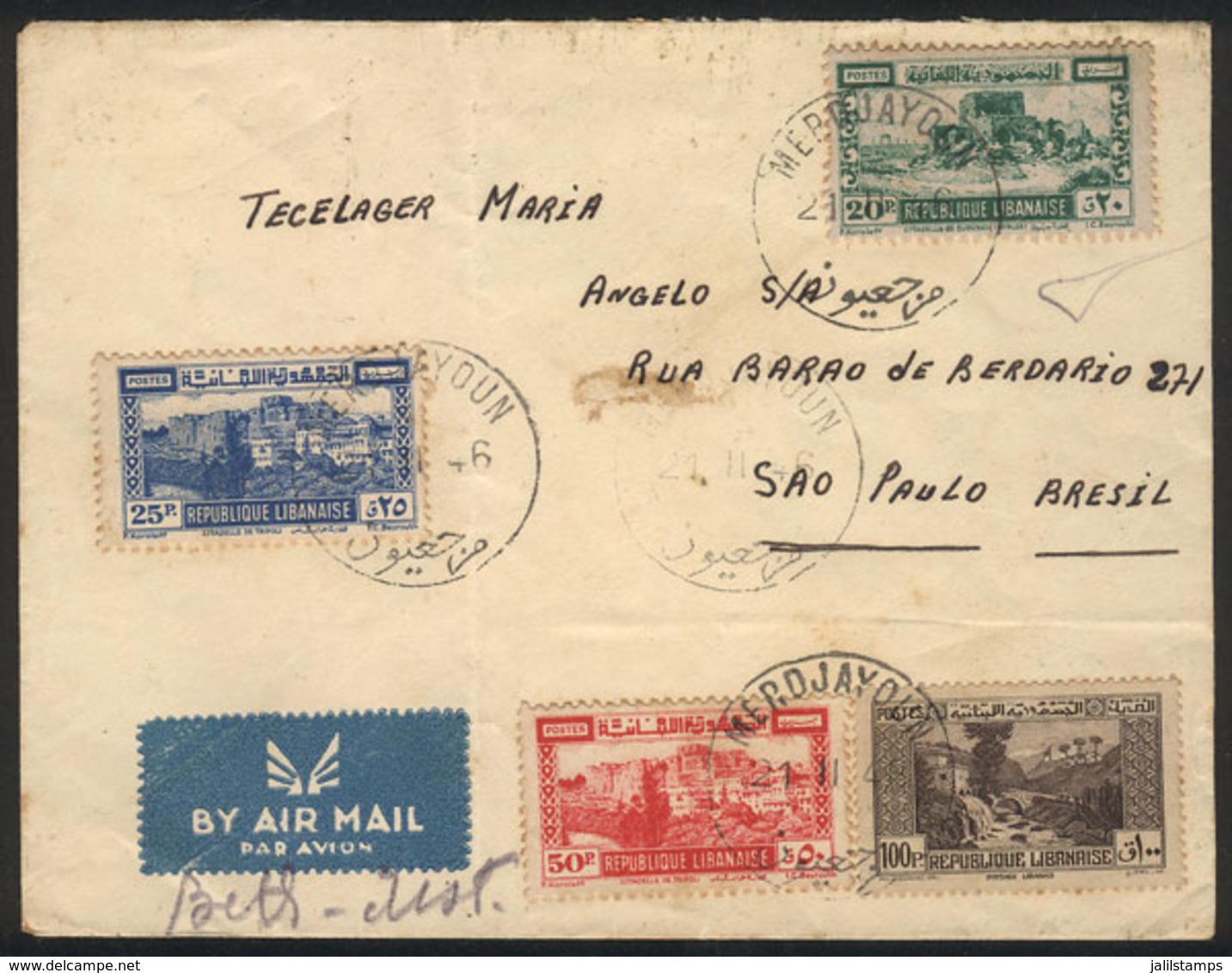 LEBANON: 21/FE/1946 Merduayoun - Sao Paulo (Brazil): Airmail Cover With Nice 4-color Postage, Attractive! - Liban