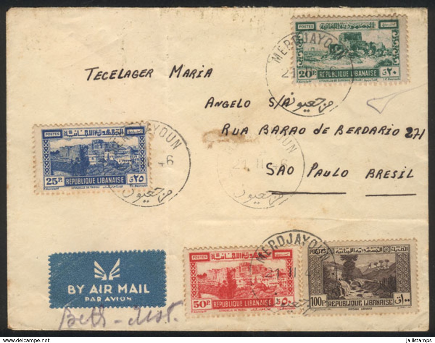 LEBANON: 21/FE/1946 Merduayoun - Sao Paulo (Brazil): Airmail Cover With Nice 4-color Postage, Attractive! - Libano