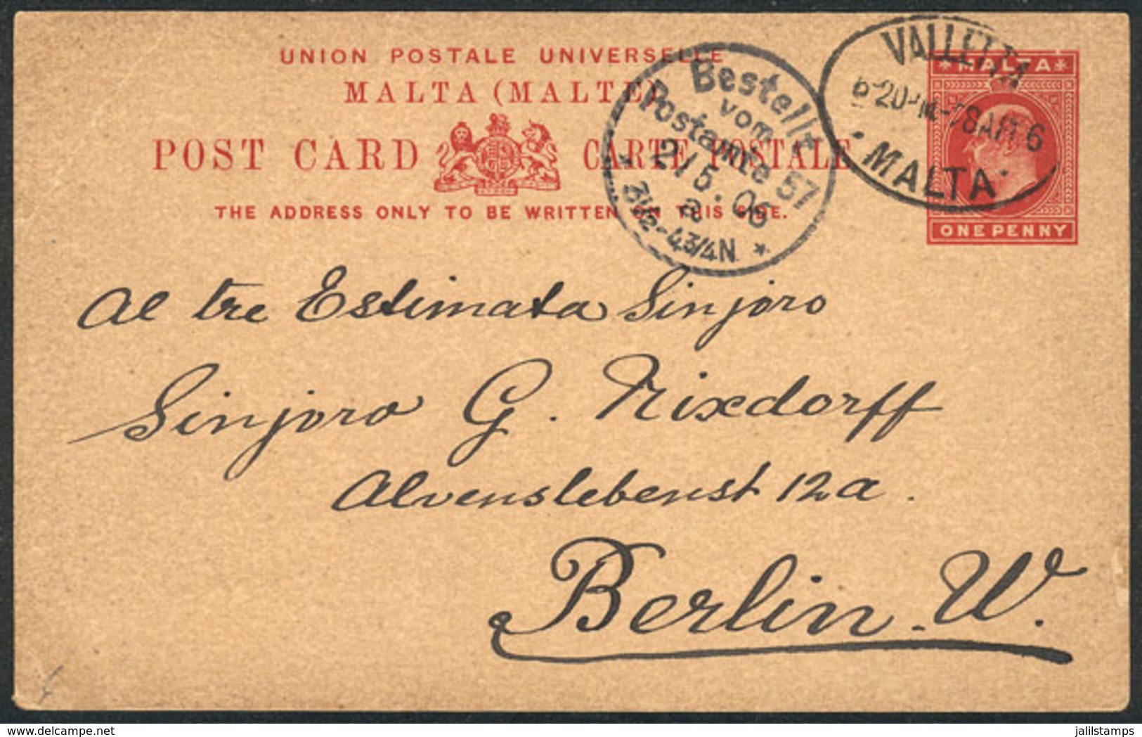 MALTA: 1p. Postal Card Written In ESPERANTO, Sent From Valetta To Berlin On 28/AP/1906. - Malte