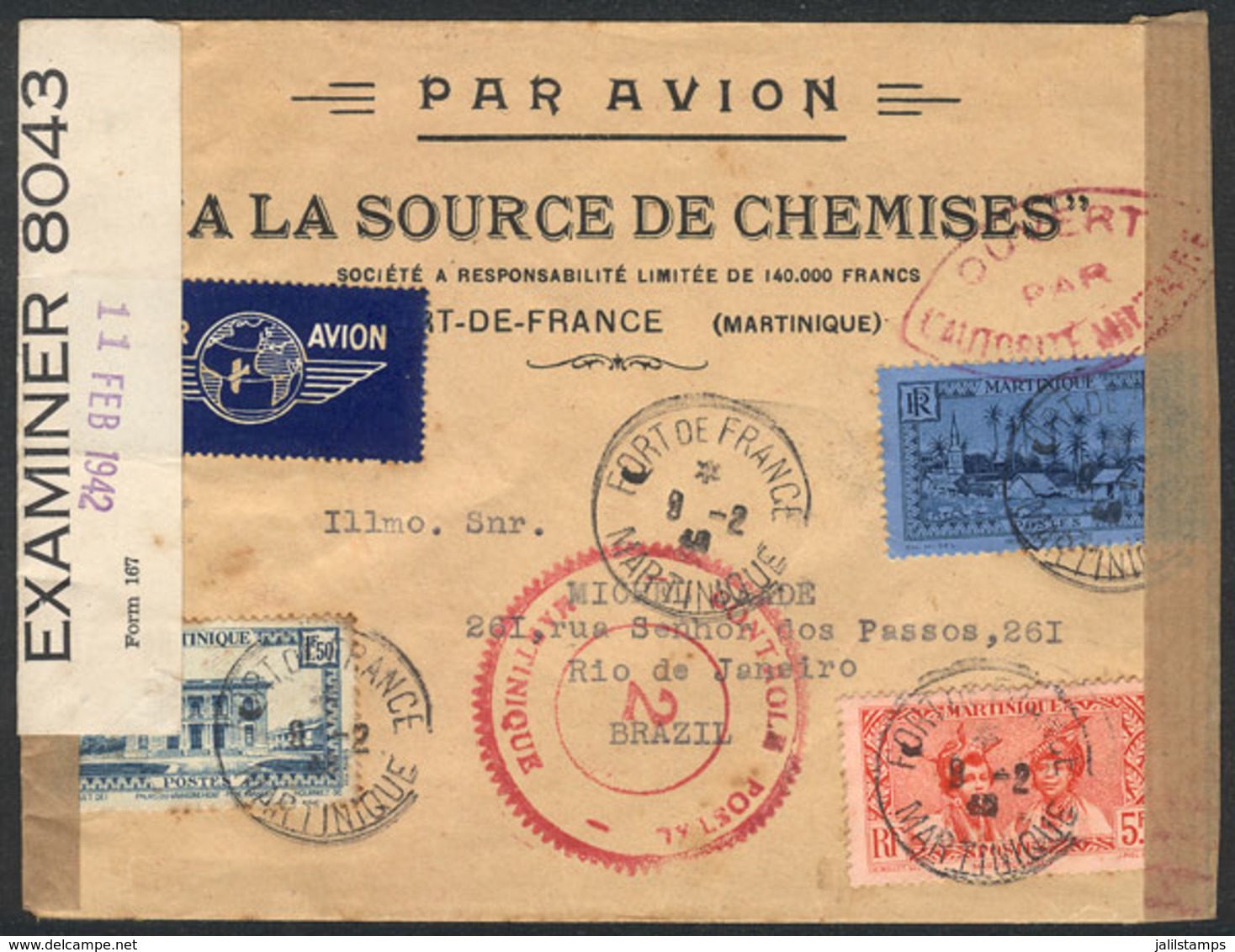 MARTINIQUE: Airmail Cover Sent From Fort De France To Rio De Janeiro On 9/FE/1942 With Nice 3-color Postage And Double C - Altri & Non Classificati