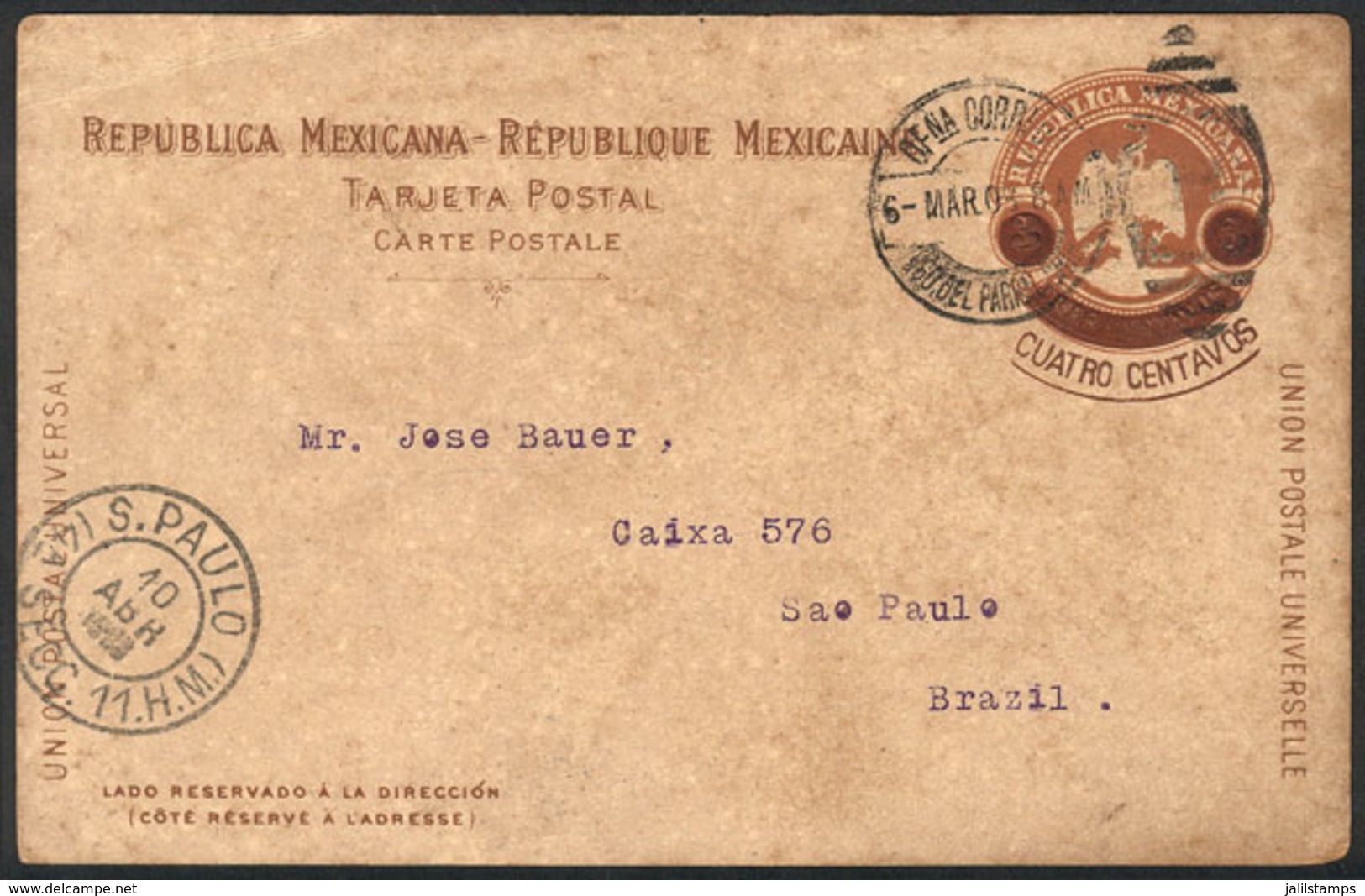 MEXICO: 4c. Postal Card Sent To Brazil On 6/MAR/1903, Interesting! - Mexique