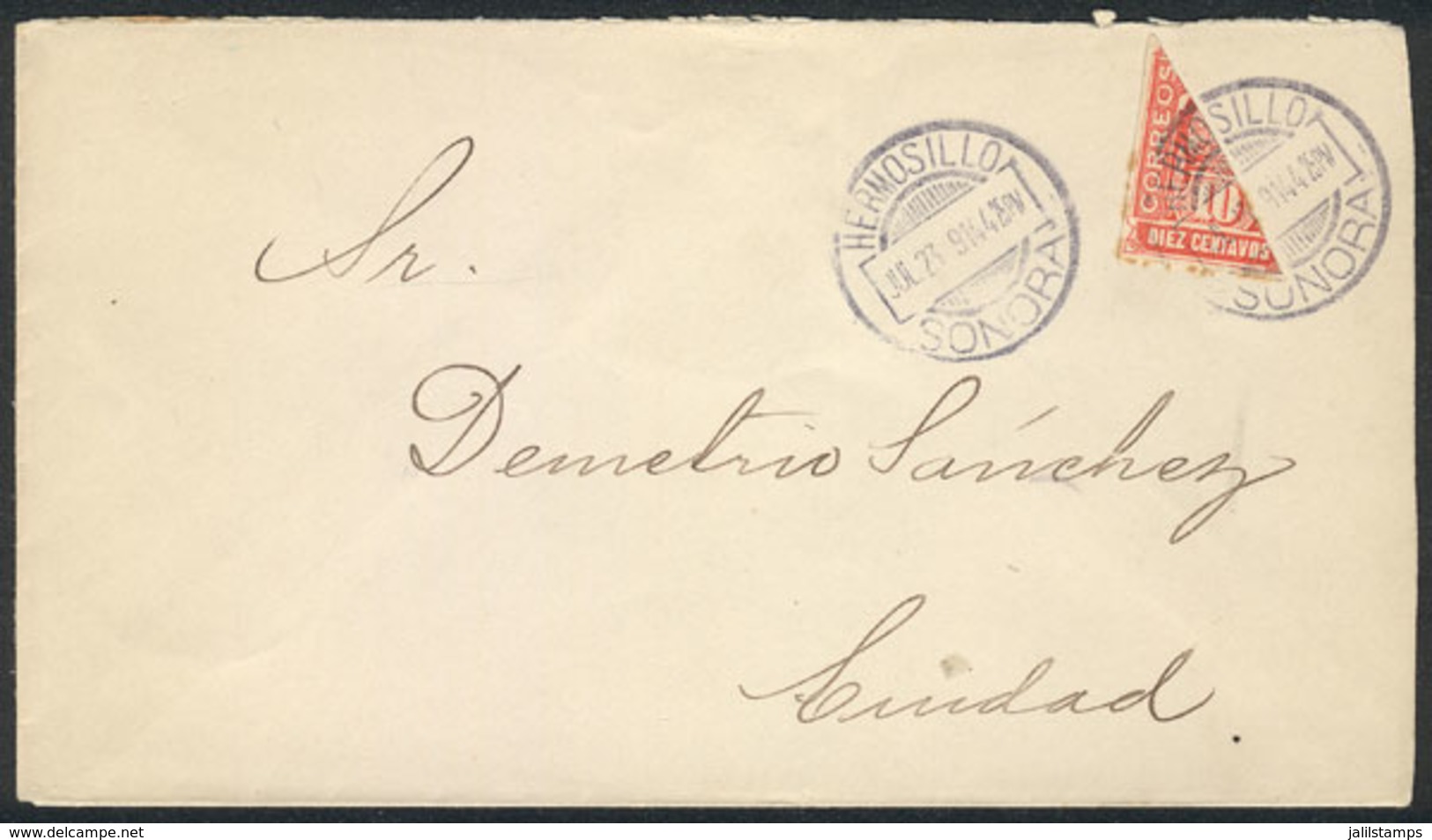 MEXICO: Cover Franked With BISECT Stamp Of 10c., Used In Hermosillo On 23/JUL/1914, VF! - Mexico