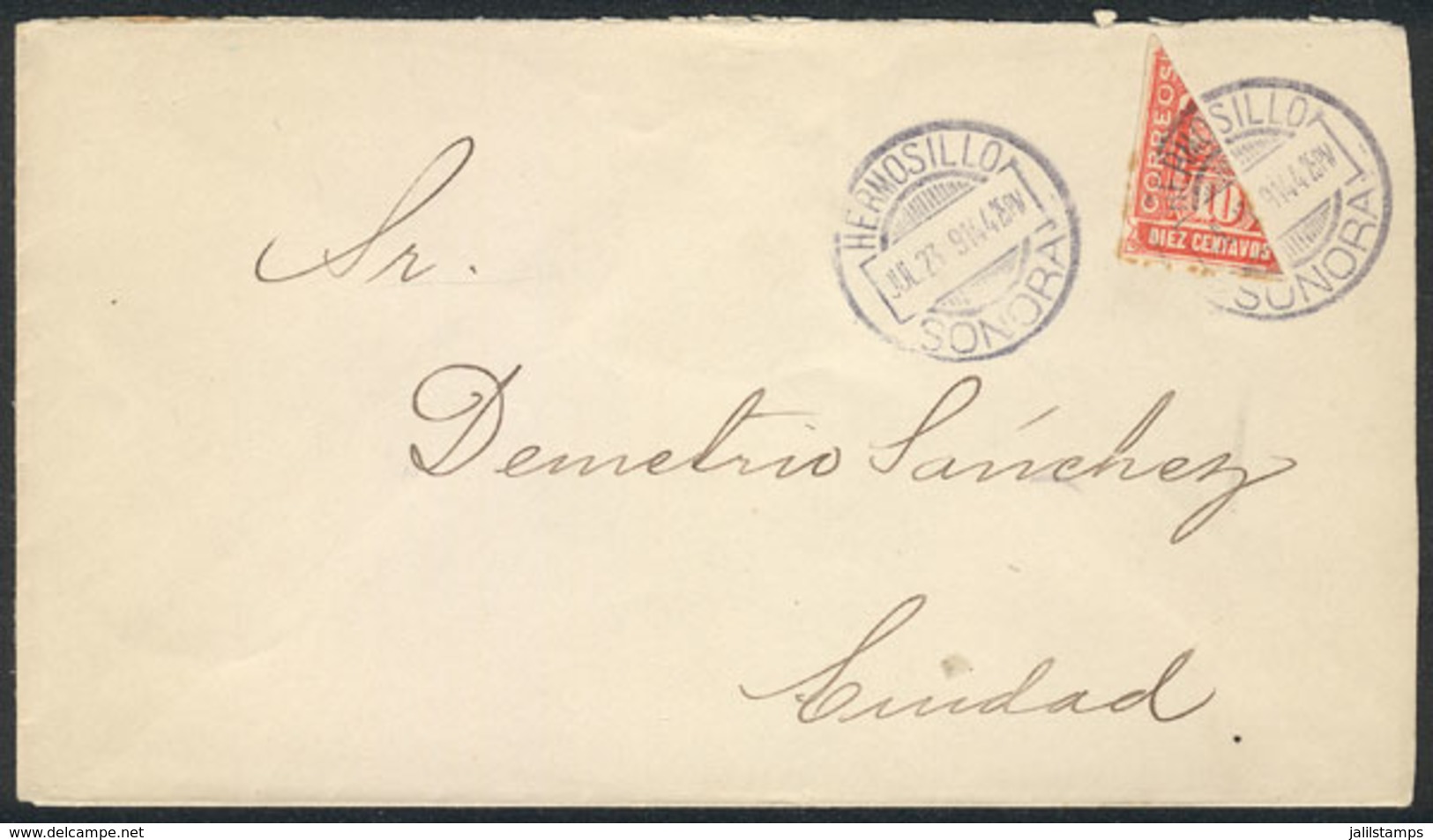 MEXICO: Cover Franked With BISECT Stamp Of 10c., Used In Hermosillo On 23/JUL/1914, VF! - Messico