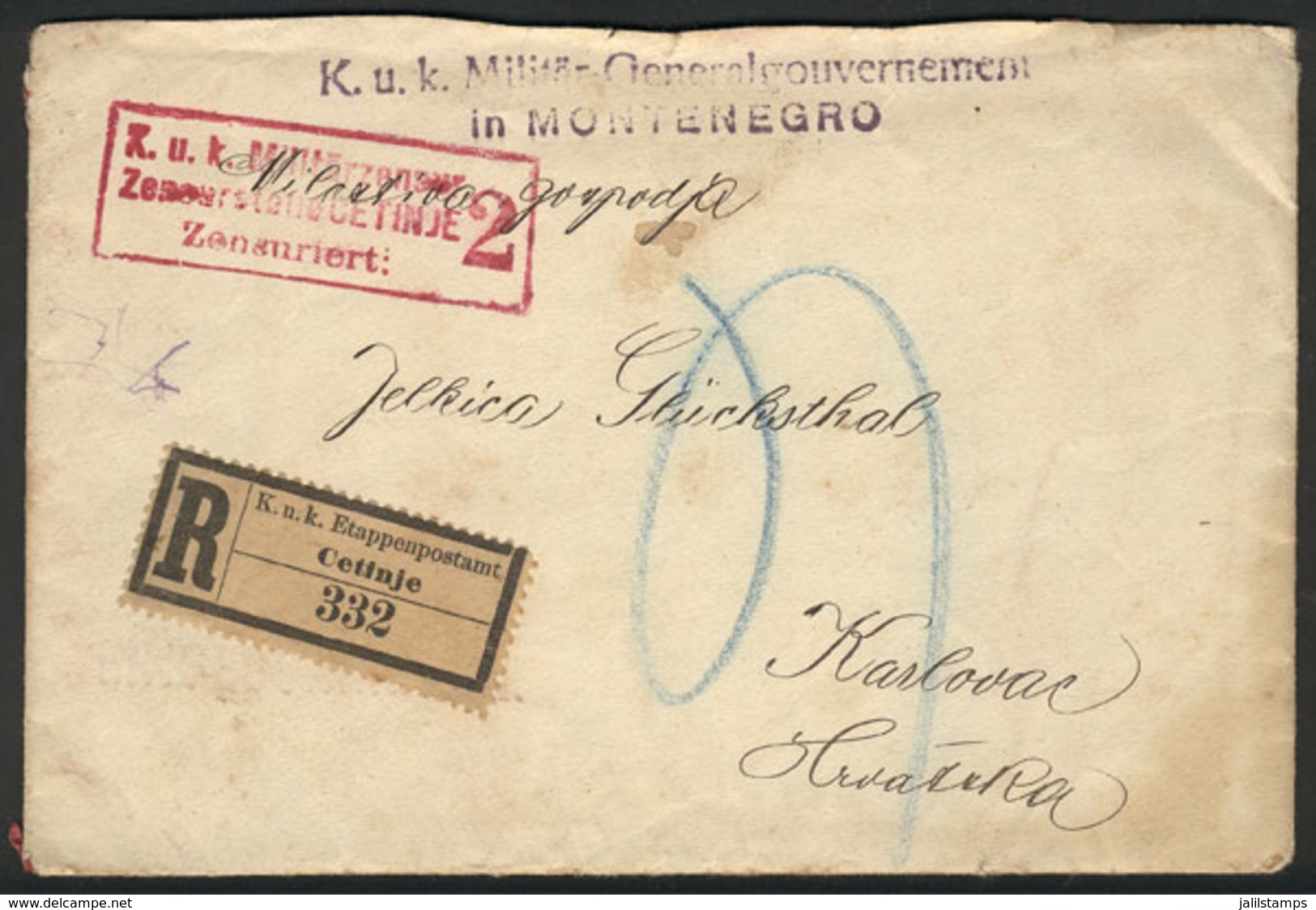 MONTENEGRO: Registered Cover Posted Stampless In 1918 (with Military Franchise) From CETINJE To Karlovac, Interesting CE - Montenegro