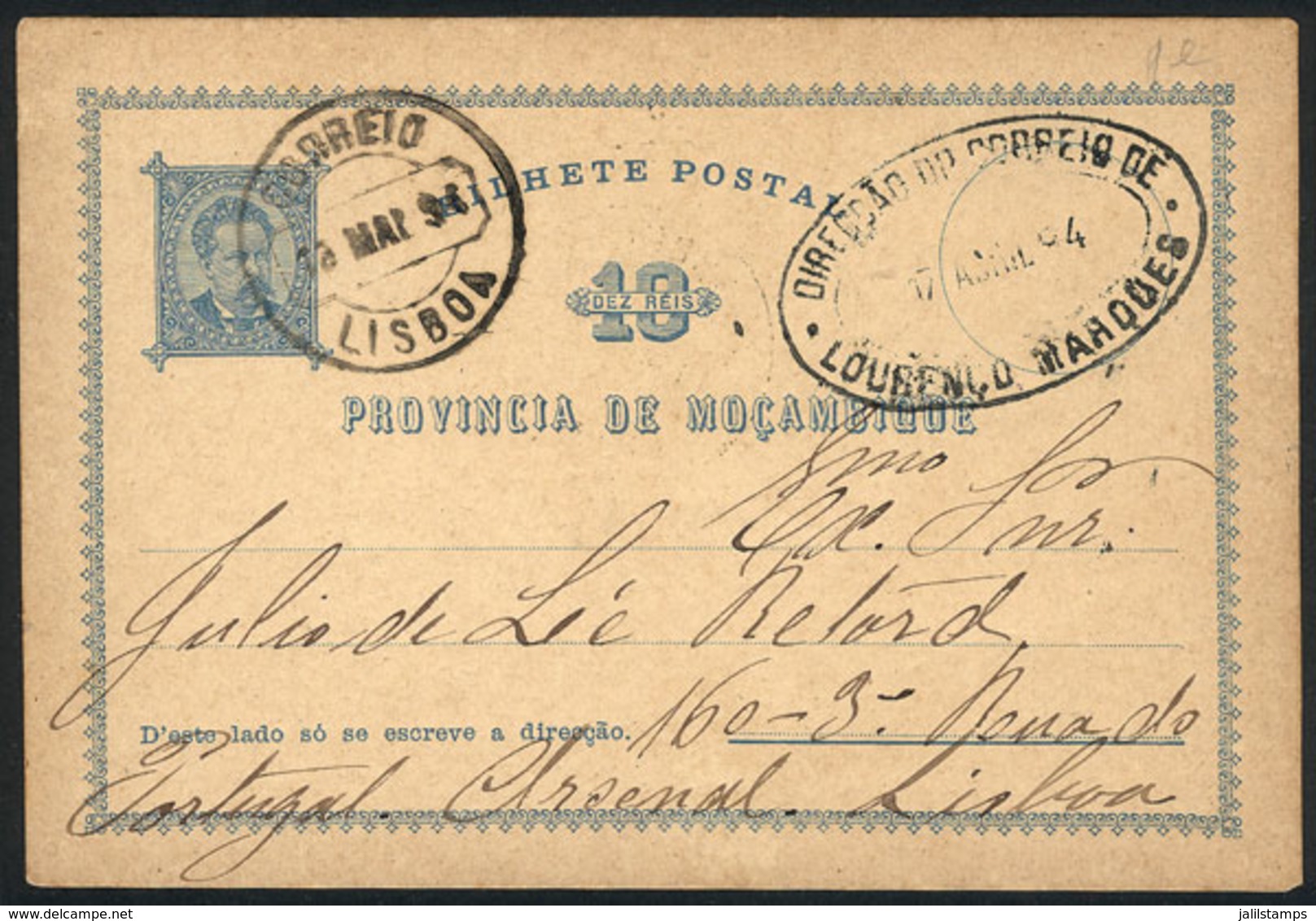 MOZAMBIQUE: 10Rs. Postal Card Sent From Lourenço Marques To Lisboa On 17/AP/1894, With Very Nice Double Oval Datestamp,  - Mozambique