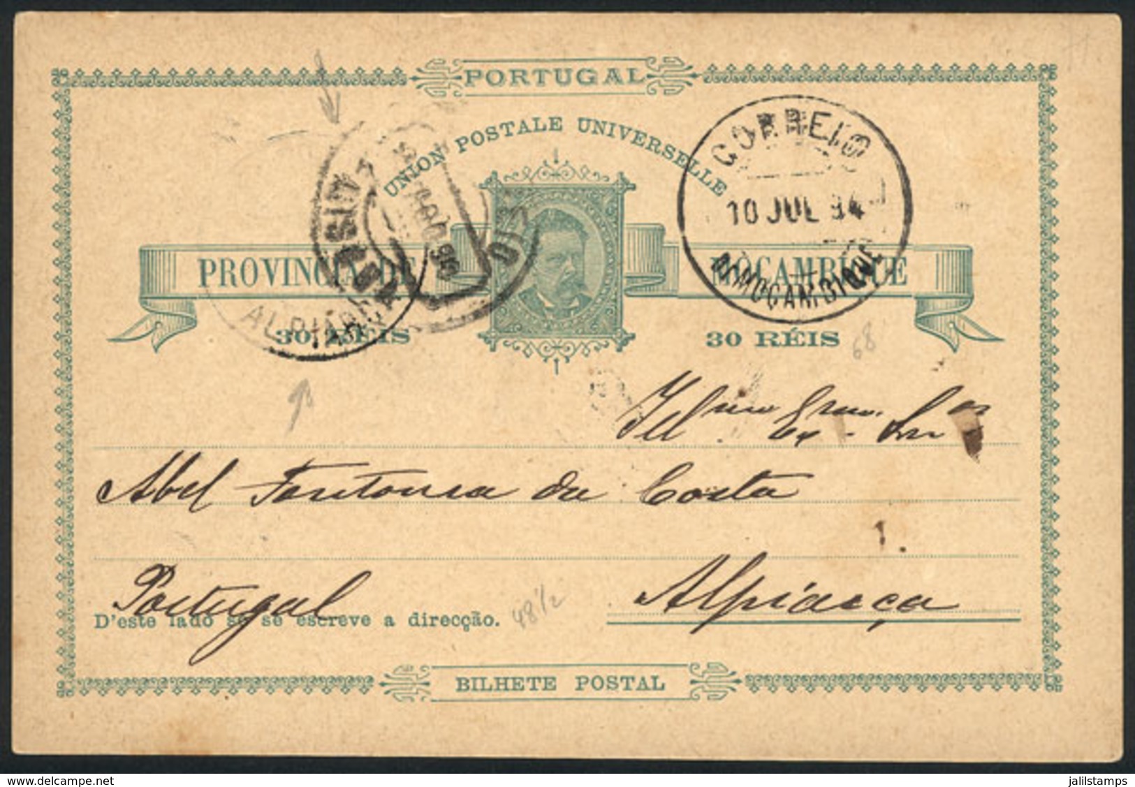 MOZAMBIQUE: 30Rs. Postal Card Sent From Mozambique To Portugal On 18/JUL/1894, With Transit Mark Of Lisboa And ALPIARÇA  - Mozambico