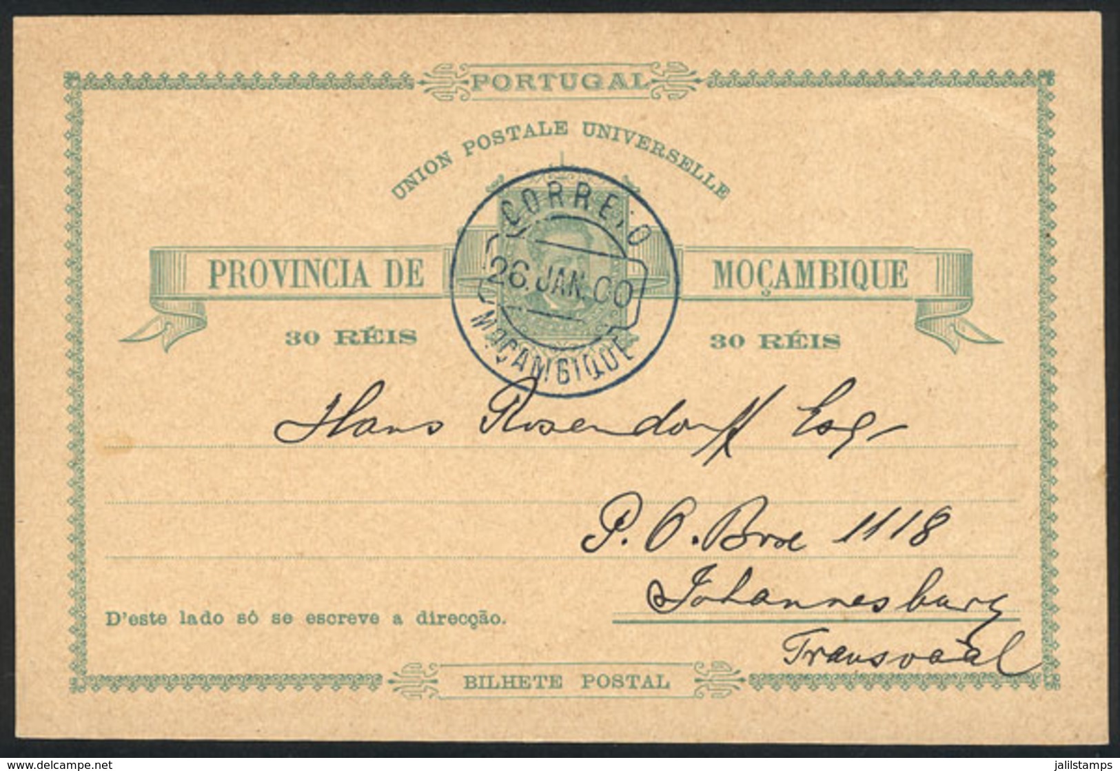 MOZAMBIQUE: 30Rs. Postal Card Sent From Mozambique To Johannesburg On 26/JA/1900, Excellent Quality! - Mozambico