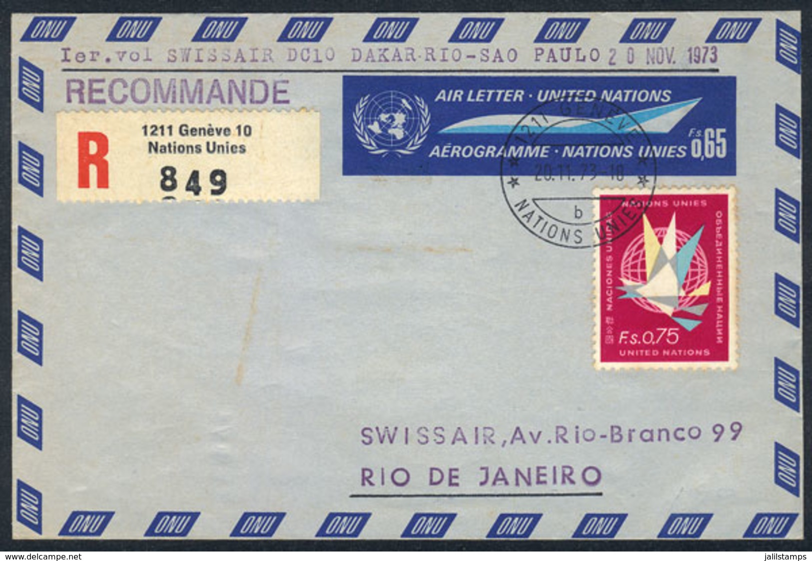 UNITED NATIONS: 65c. Aerogram + 75c. Sent By Registered Mail From Geneve To Rio De Janeiro On 20/NO/1973, Interesting! - Sonstige & Ohne Zuordnung